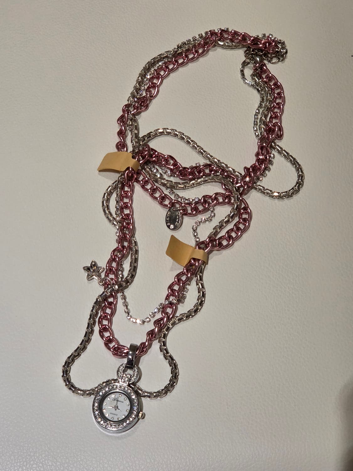 레테 빈티지커스텀 핑크체인 시계두줄목걸이 상품이미지1