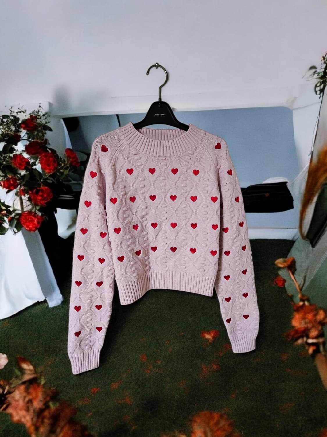 레드 하트 자수/ 미착용 /핑크 크롭 니트 스웨터 F /상태좋음 상품이미지1