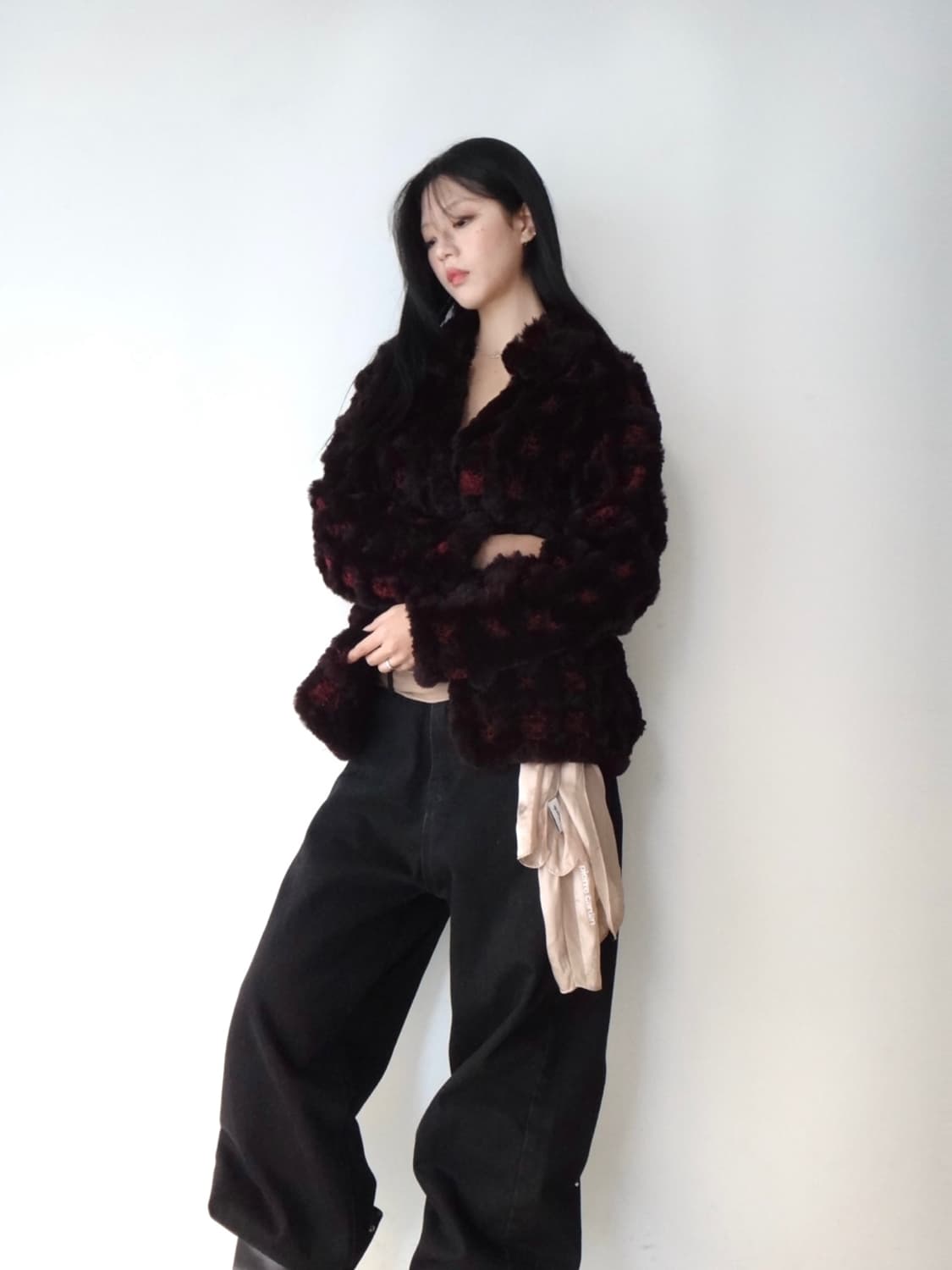 Grid fur mix jacket / burgundy 상품이미지4