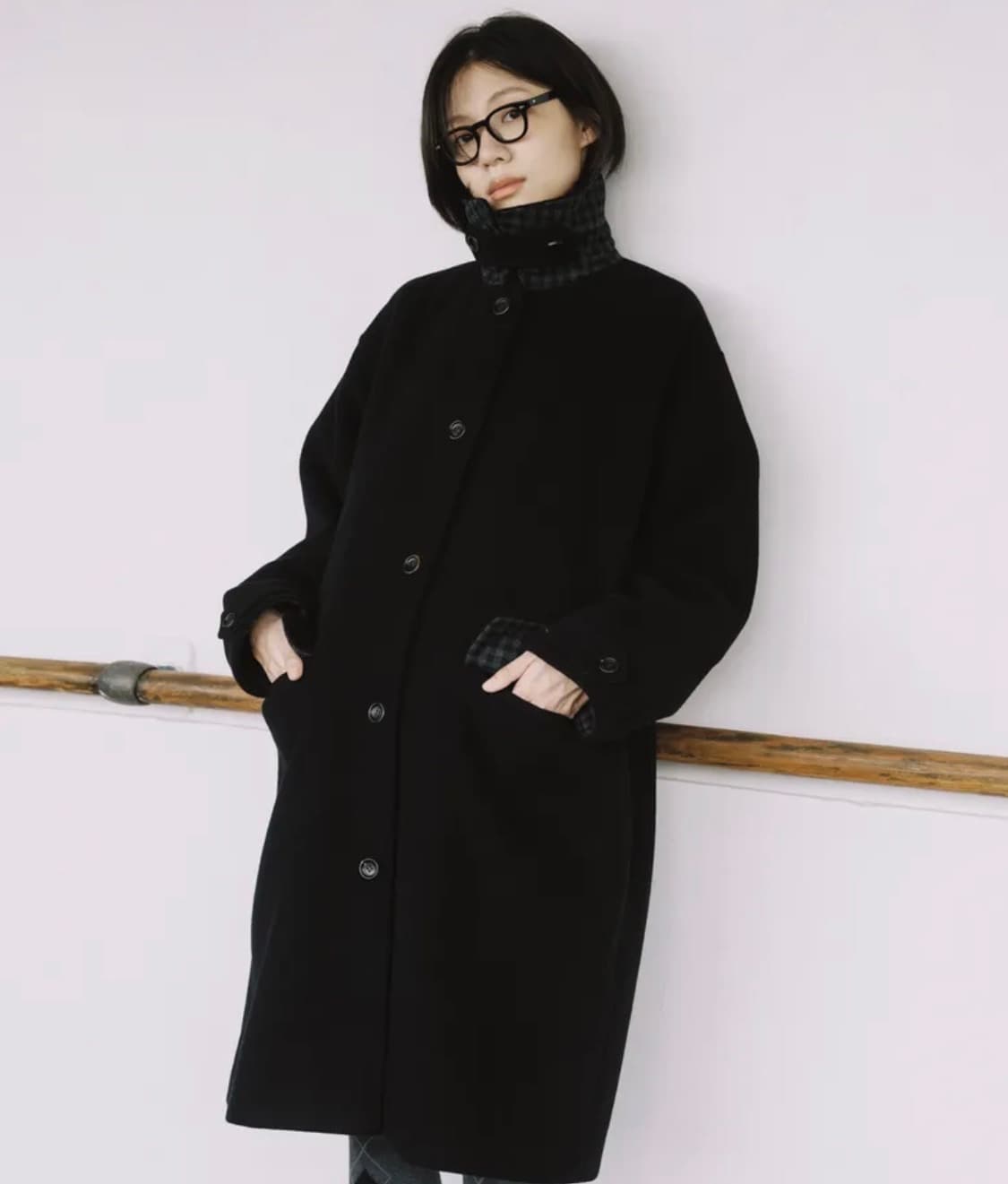 오헤시오 체크 울 롱코트 블랙 상품이미지1