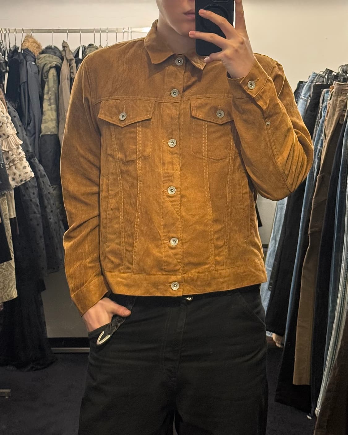 GU 카멜 레더가죽 스웨이드 트러커 숏크롭 자켓 L 100 웨스턴 에스닉 상품이미지1