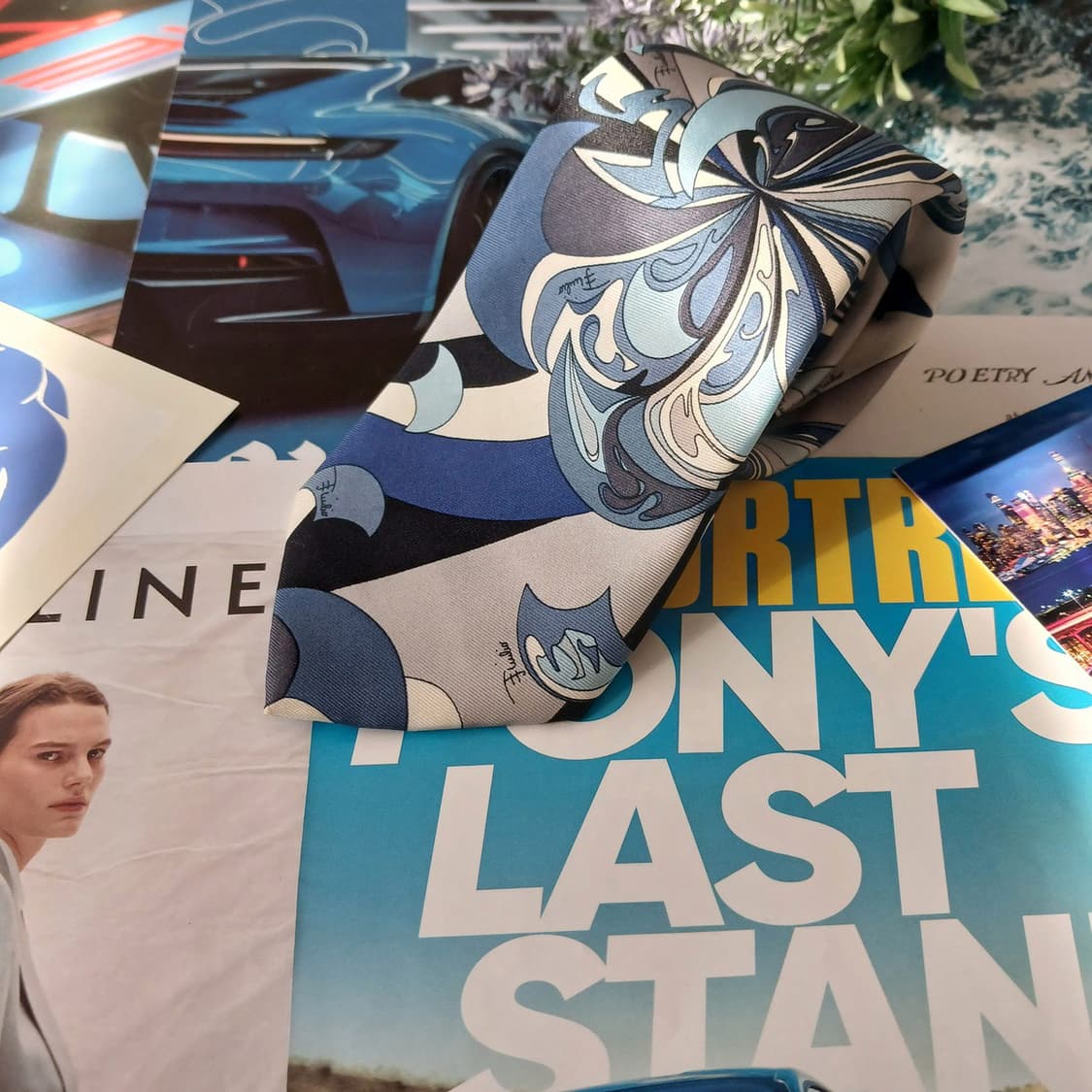 에밀리오 푸치 실크 블루 아트패턴 넥타이 8.6cm A+등급 A19013 상품이미지2