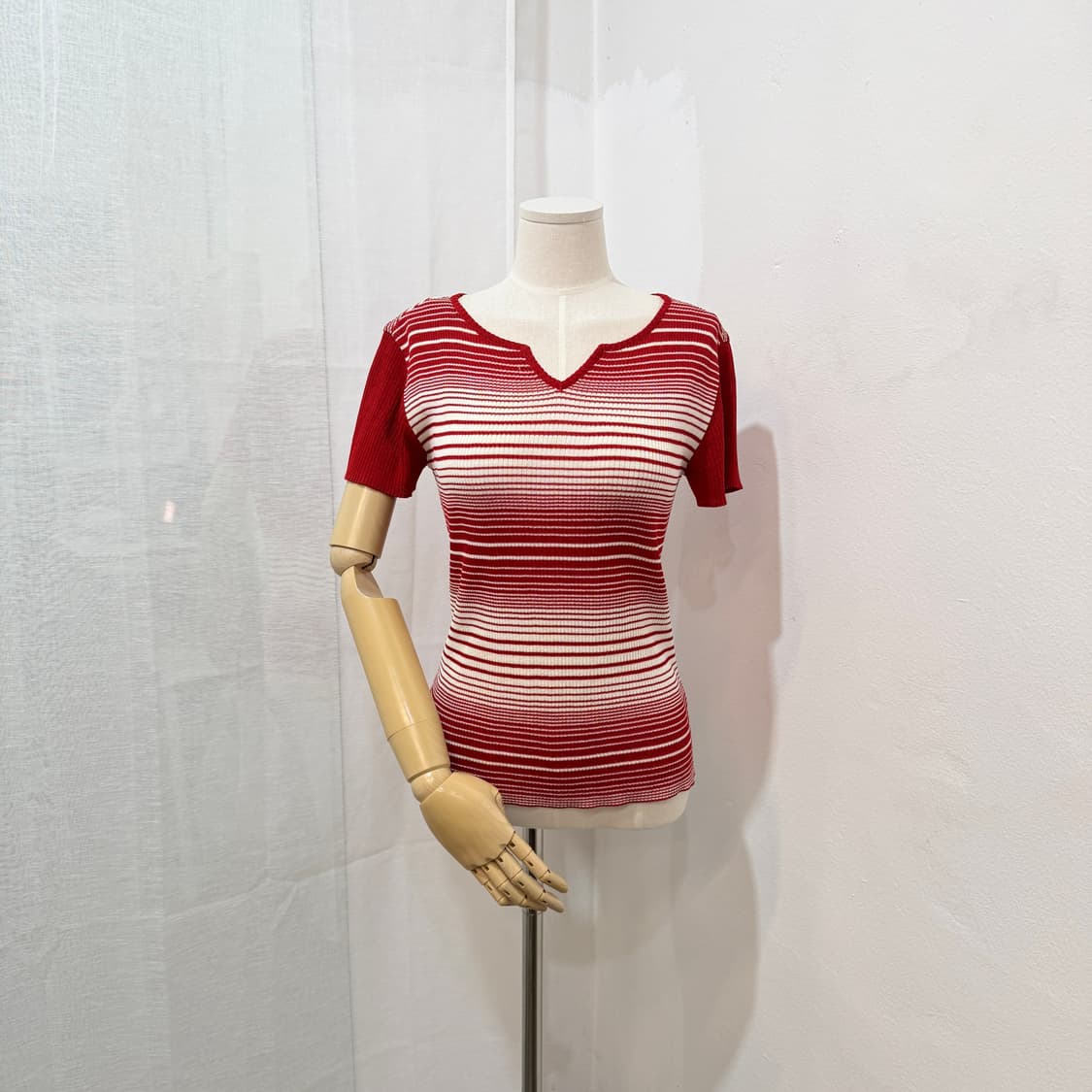 일본빈티지 배색 스트라이프 줄무늬 반팔니트 레드니트 3515 상품이미지1