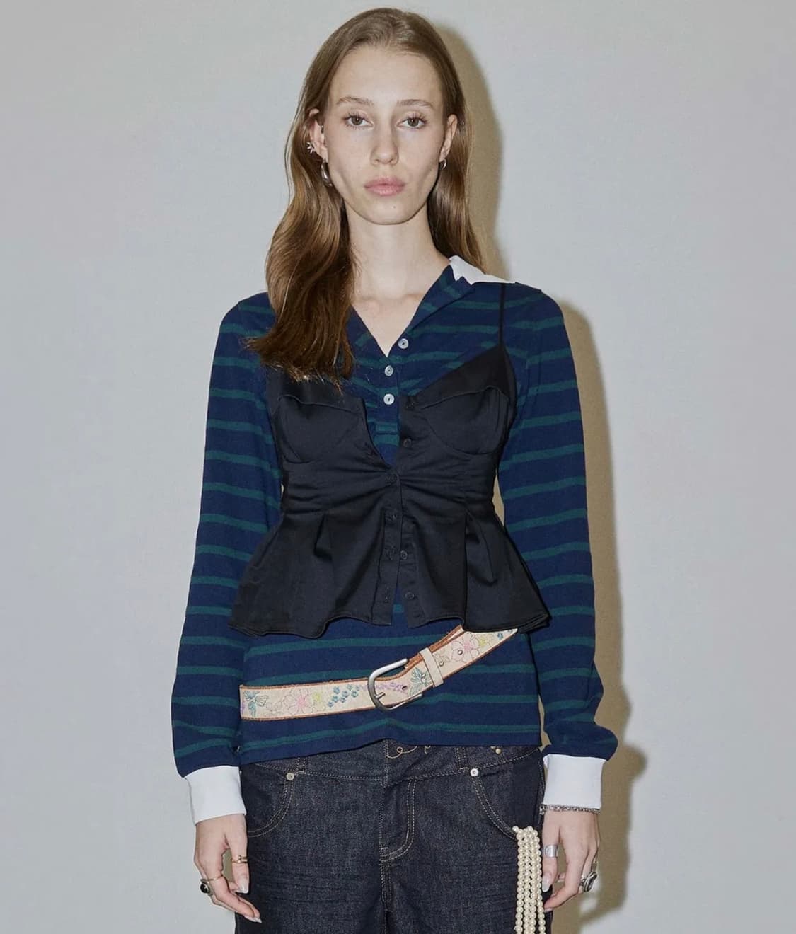 Shirring Tennis Shirt Navy/Green Stripe 상품이미지1