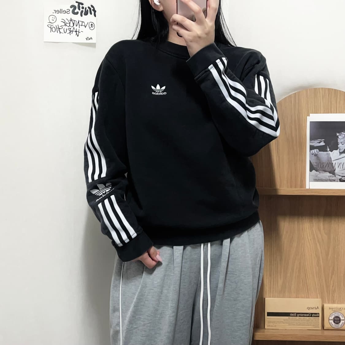 [정품] 아디다스 블랙 트레포일 삼선 맨투맨[ S ] 상품이미지1