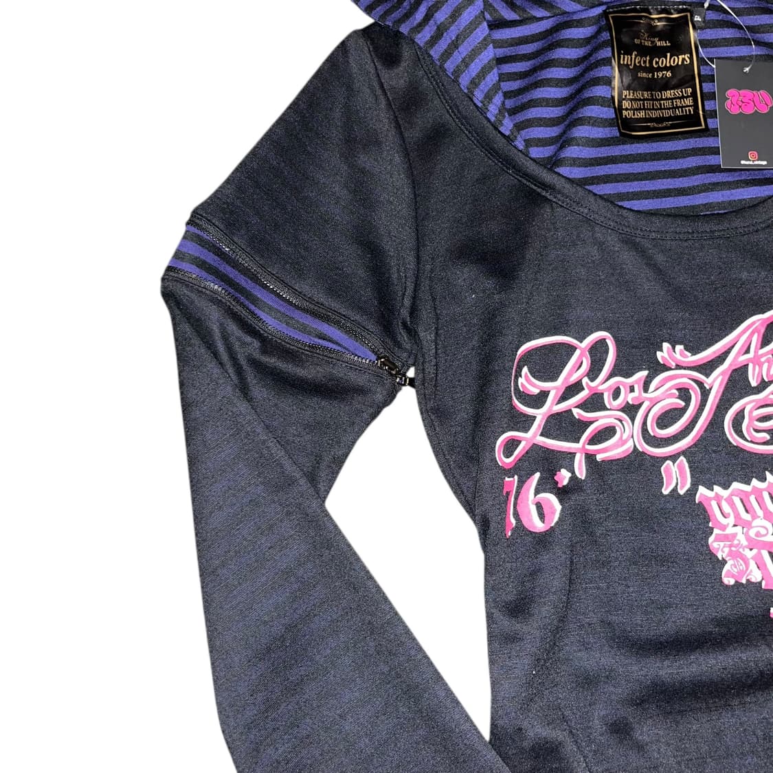 스트라이프 후드레이어드 지퍼디테일 후드 롱 긴팔티 펑크y2k 상품이미지3