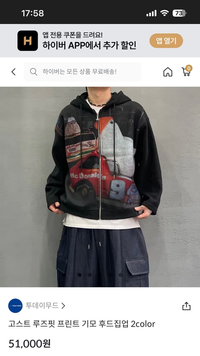 (남녀공용) 루즈핏 프린트 기모 후드집업 상품이미지1