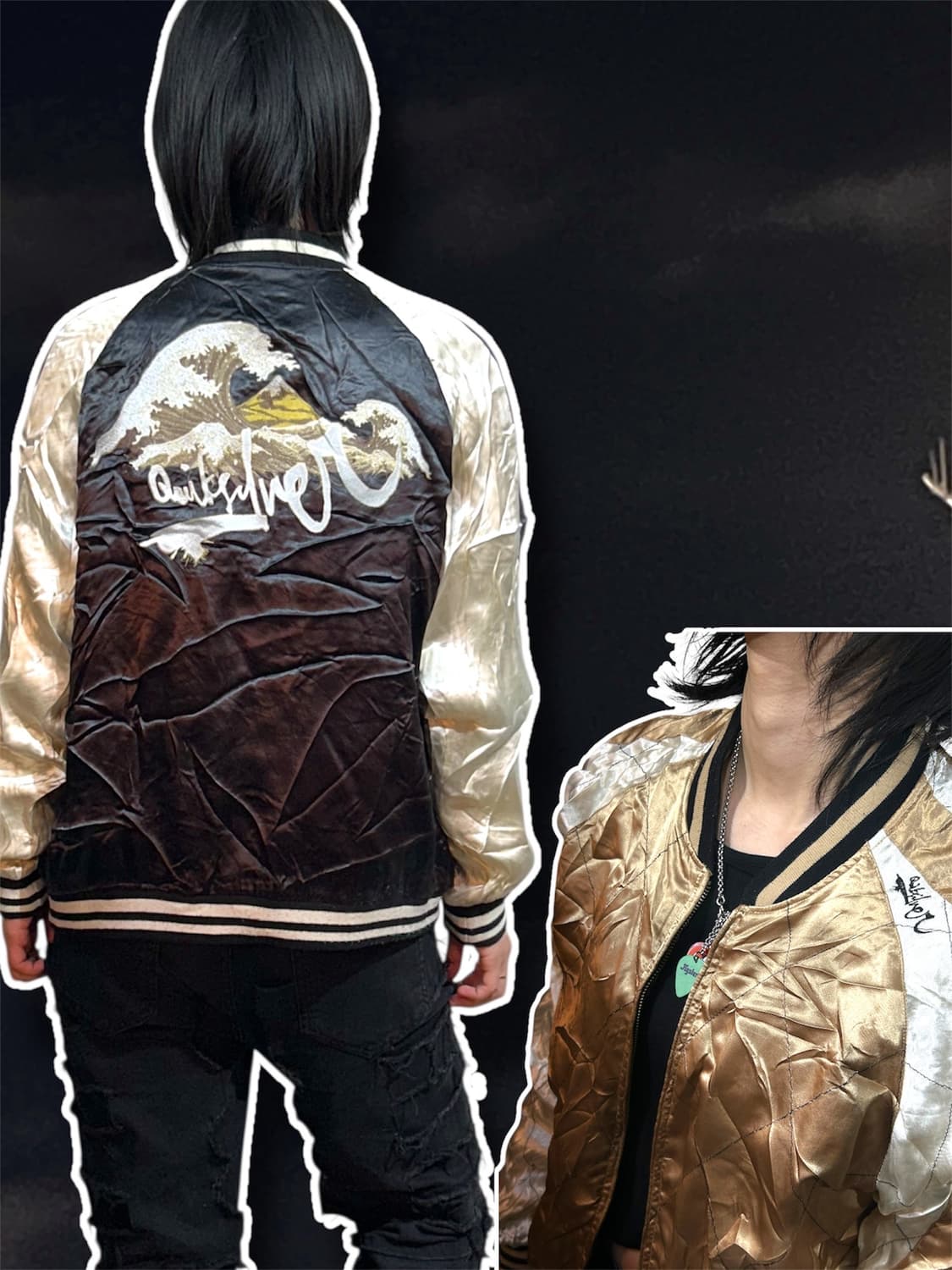 일본빈티지 양면 리버시블 후지산 자수 퀼팅 스카잔 수니베어 스카쟌 L 상품이미지1