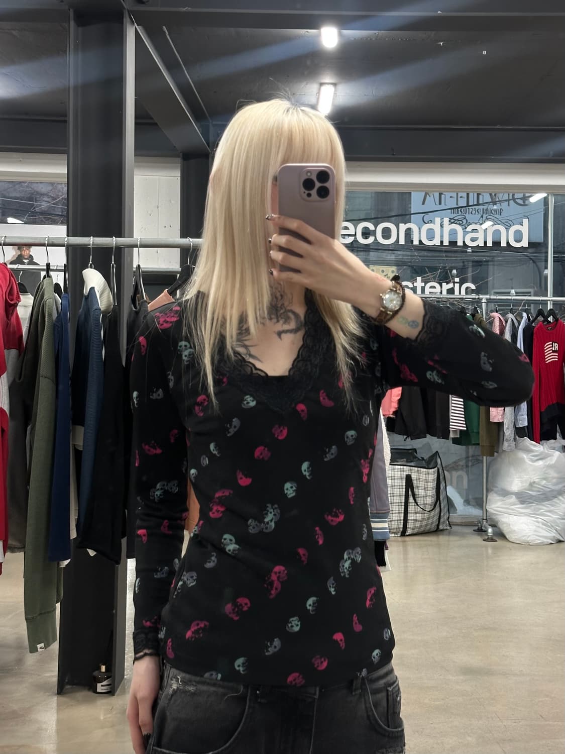 히스테릭글래머 90s 스컬 레이스 긴팔 슬리브 갸루 y2k 상품이미지1