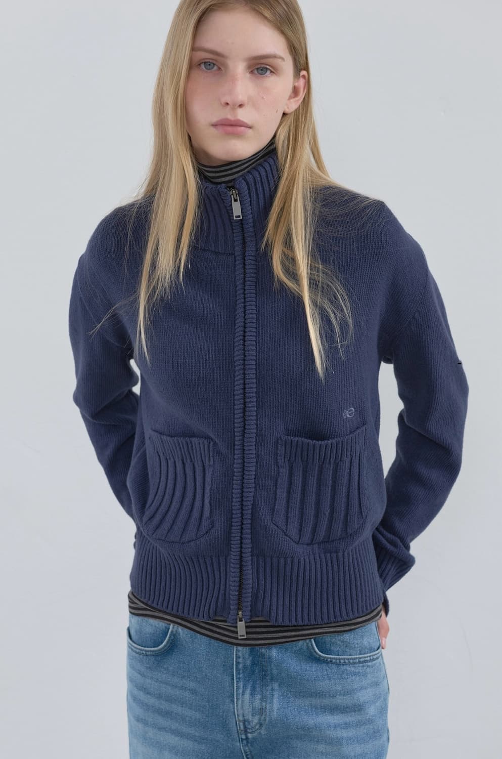 엔조블루스 코튼 하이넥 니트 집업 네이비  상품이미지1