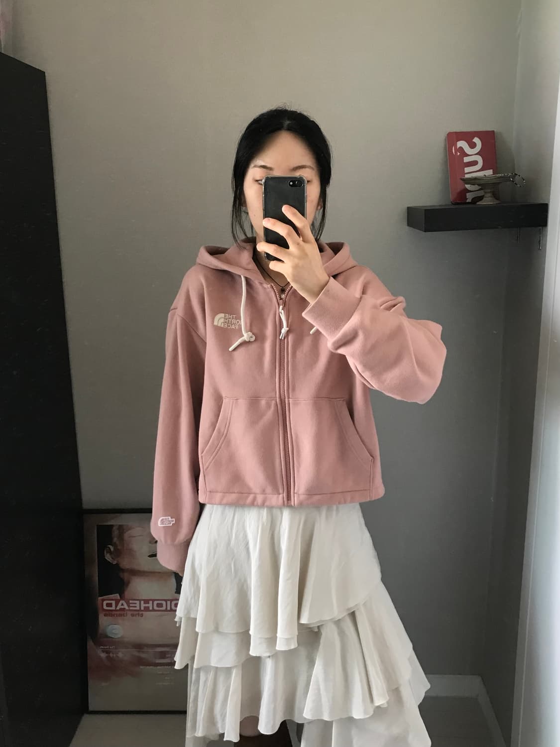 노스페이스 자수로고 핑크 크롭 후드집업 상품이미지1