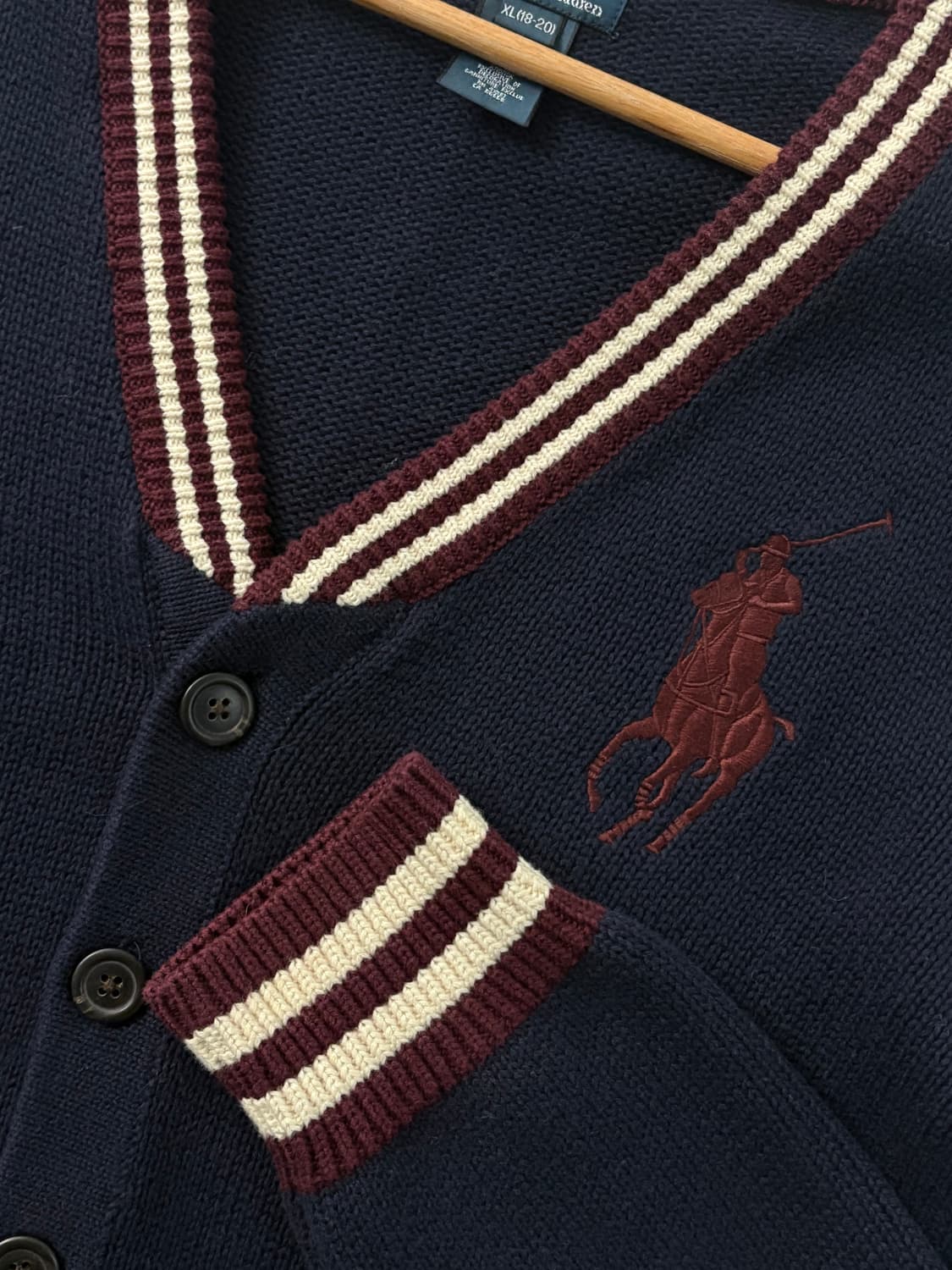 Polo 폴로 랄프로렌 버건디 빅포니 네이비컬러 코튼 브이넥 가디건 상품이미지3