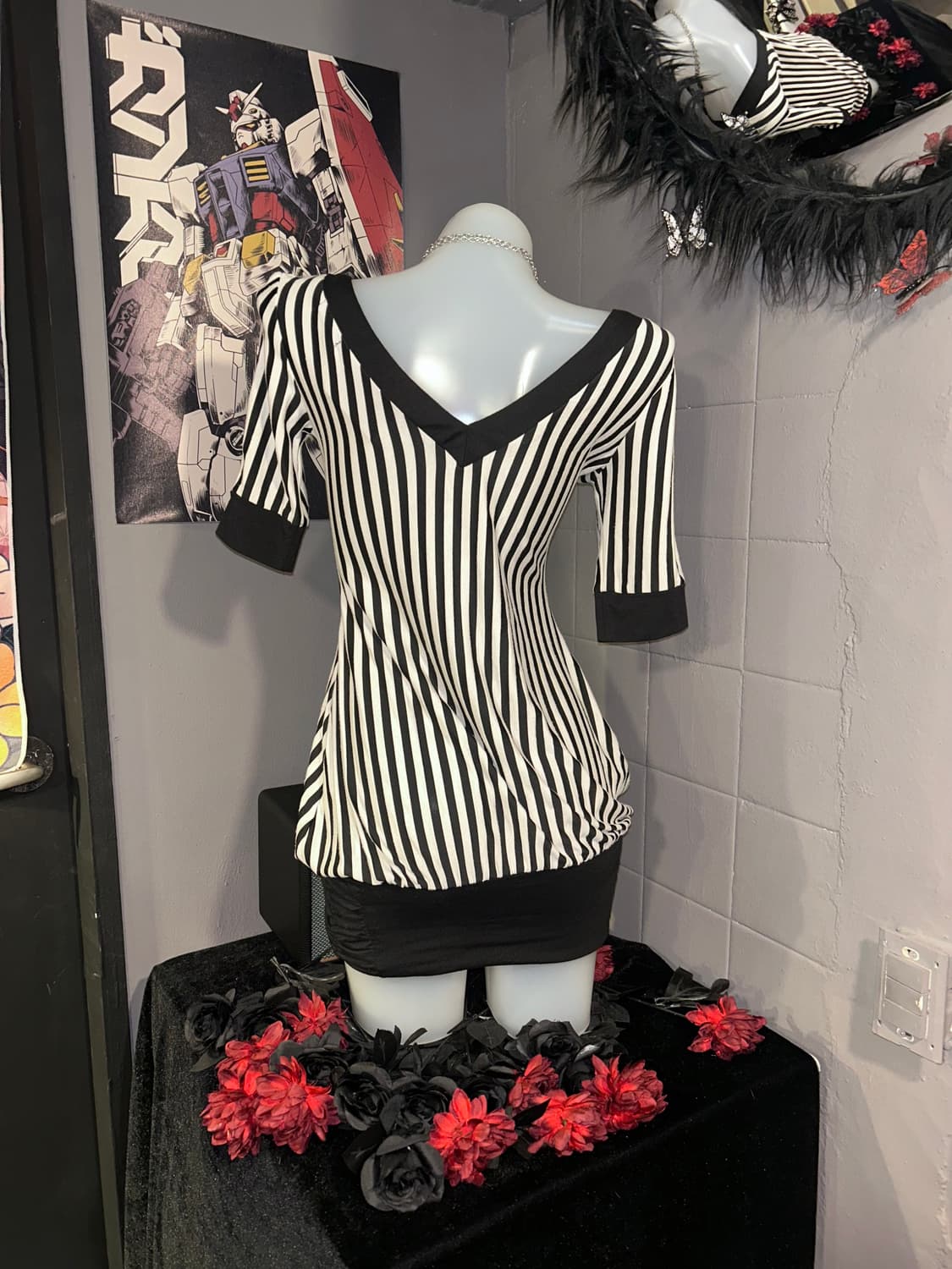 diable baiser스트라이프 셔링 7부 브이넥 오프숄더 원피스 갸루 상품이미지6