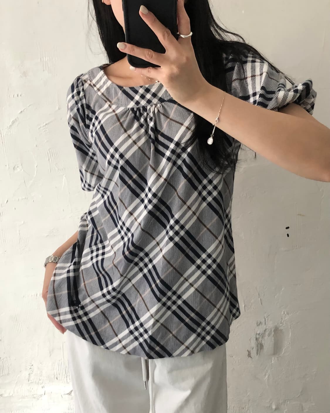Burberry 버버리 블루라벨 블루 체크 반팔 퍼프 블라우스 상품이미지3