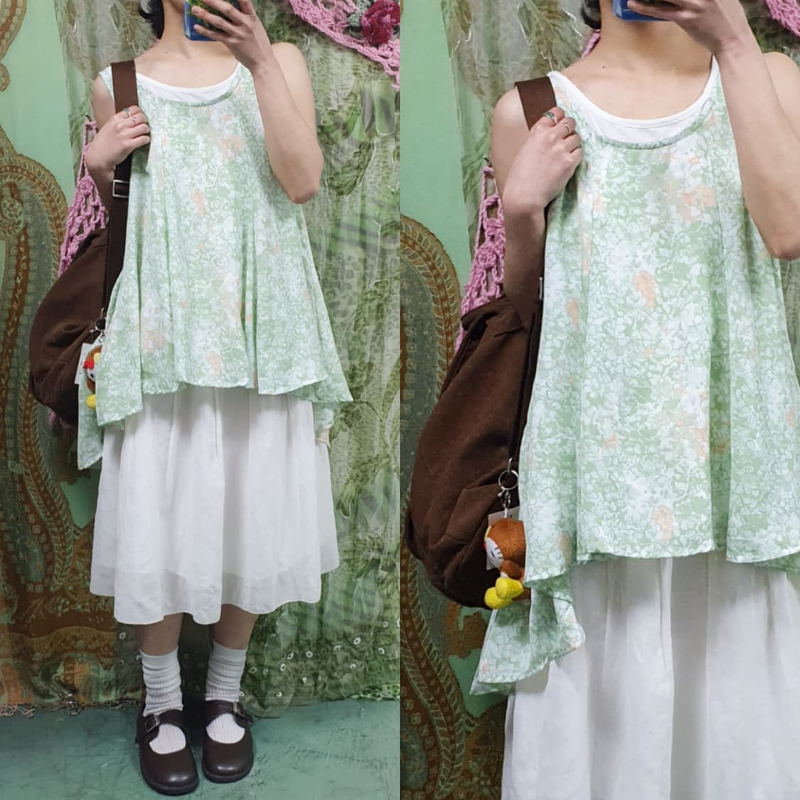 언발 플로럴 레이어드 슬리브리스 롱 탑 그린 상품이미지1