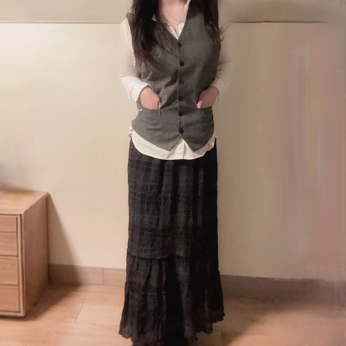 일본 긱시크 프레피 장미 포인트 그레이 베스트 체크 롱스커트 코디세트 상품이미지1