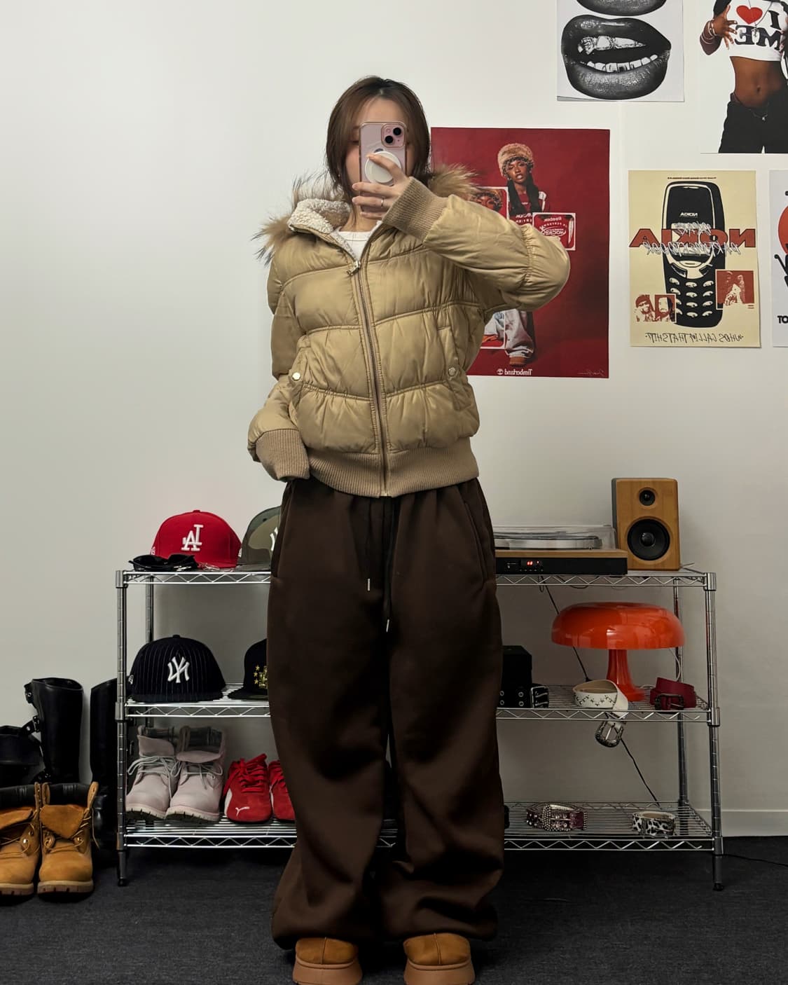 올드 빈티지 베이지 라쿤 퍼 후드 패딩 상품이미지4