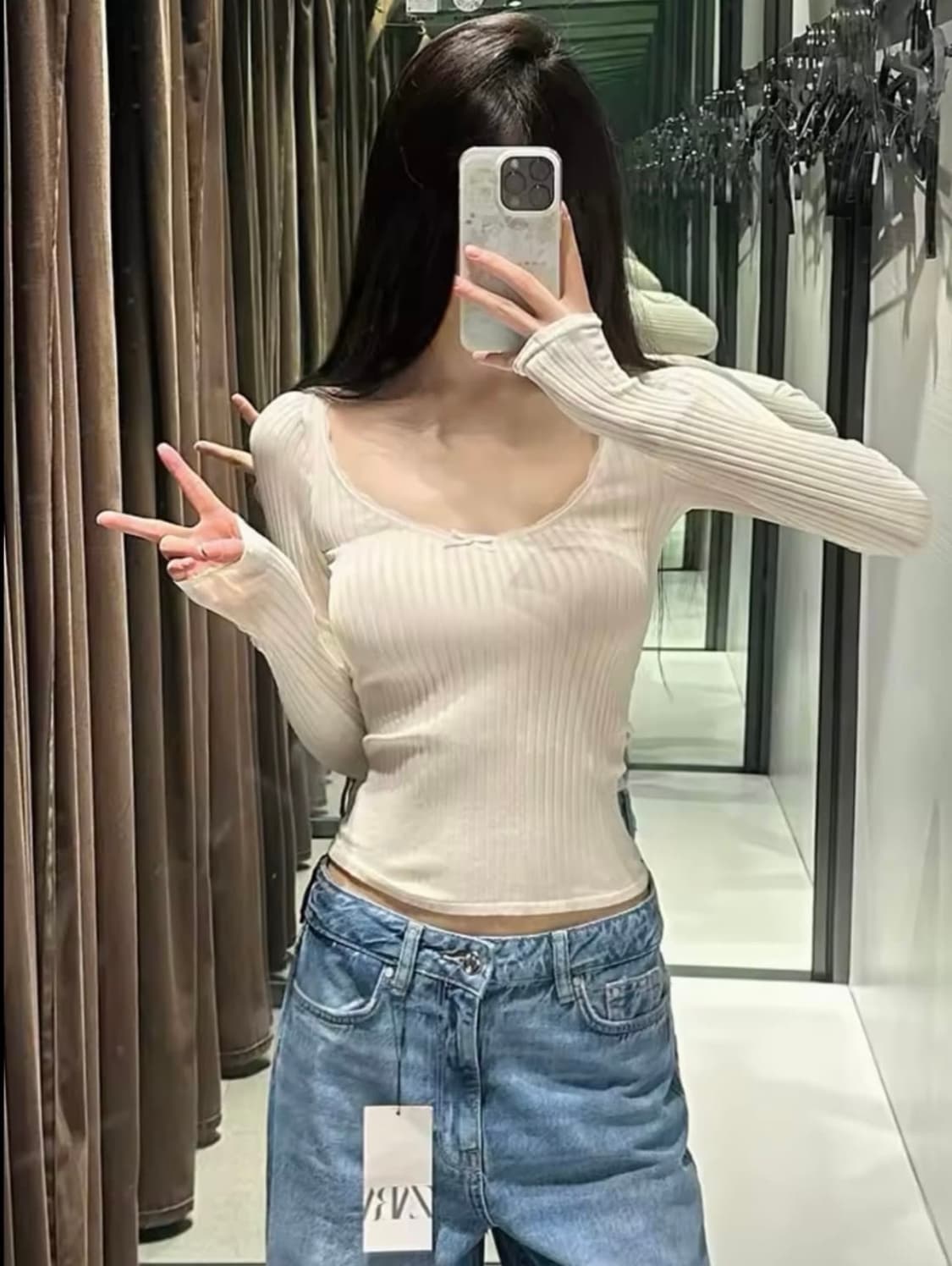 ZARA 자라 레이스 리본 심리스 티셔츠, 자라 레이스 티 셔츠 아이보리 상품이미지1