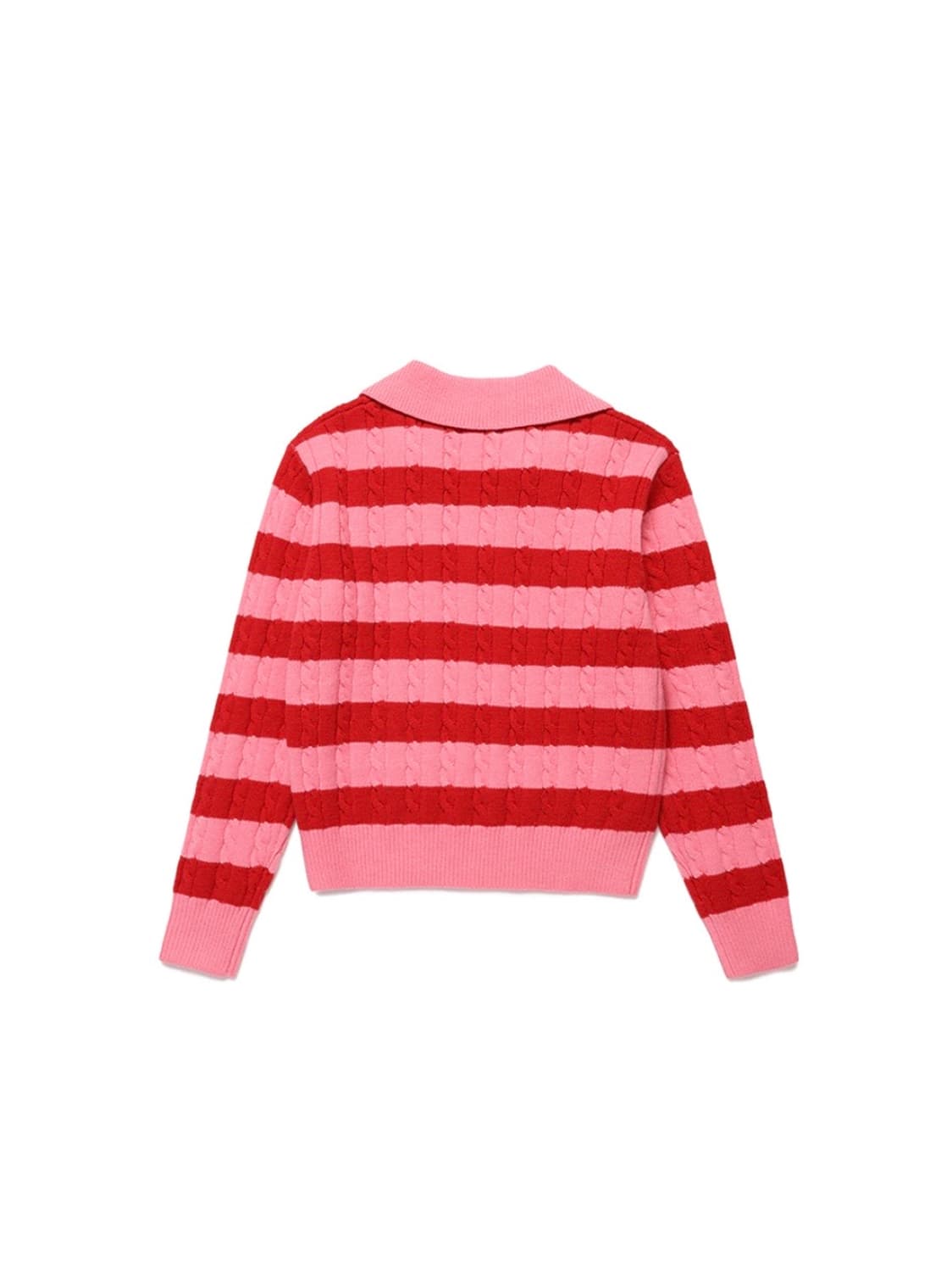 로라로라 브이넥 핑크 배색 케이블 스트라이프 오픈 카라 크롭 니트 상품이미지4