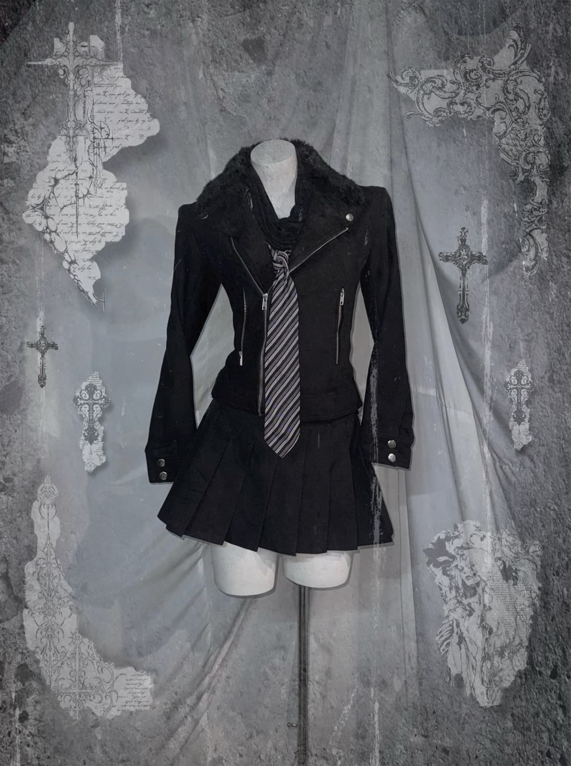 데일리 무채색 스트라이프 레이어드 블랙 펑크 코디세트  상품이미지1