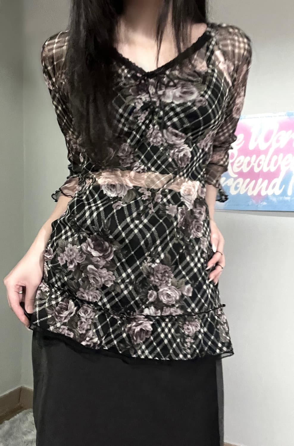 블랙 엔틱 고딕 로즈 장미 프릴 레이스 셔링 쉬폰 레이어드 블라우스 상품이미지3