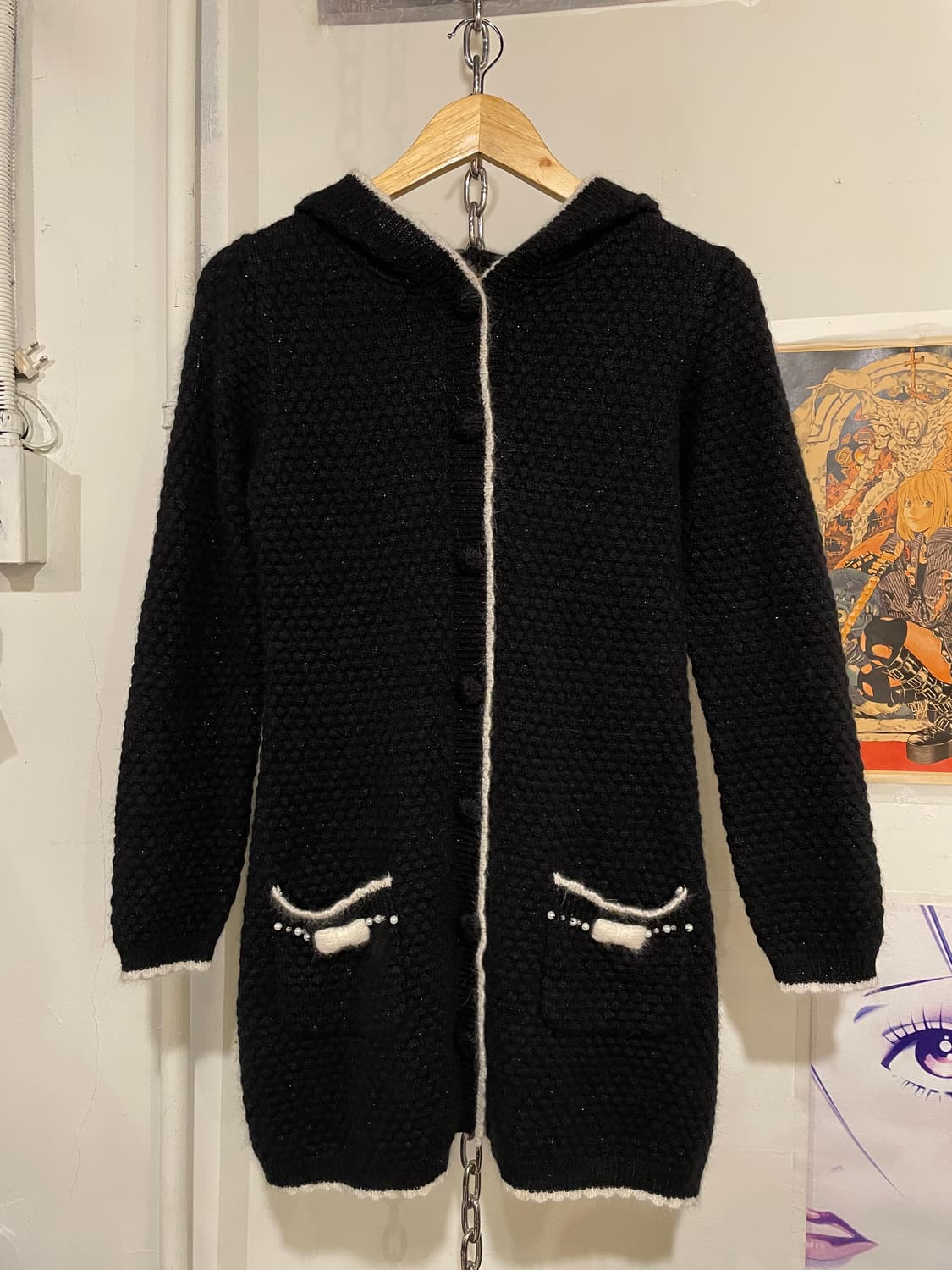 리본 글리터 블랙 후드 버튼 니트 자켓 러블리 상품이미지4