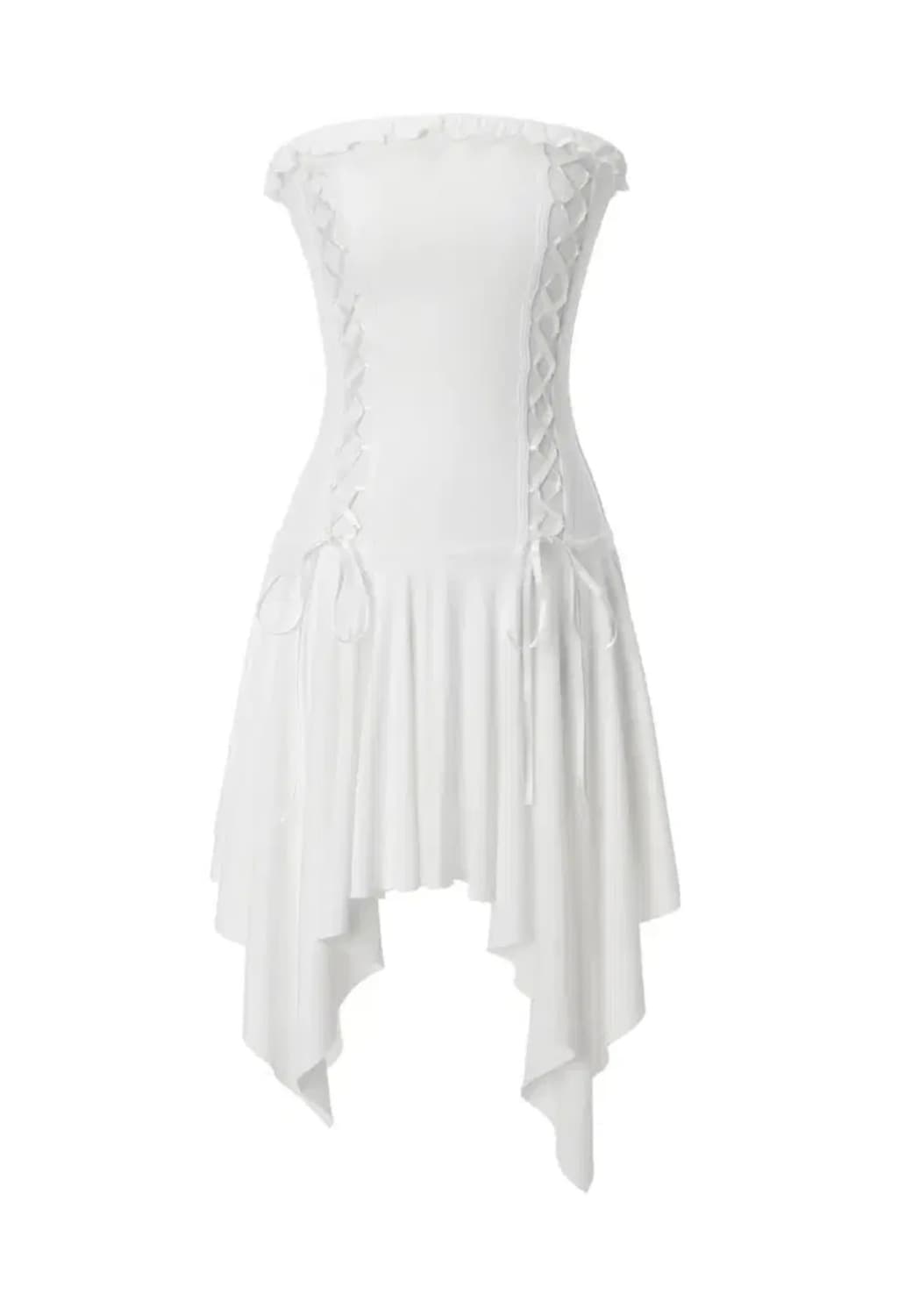 쓰리타임즈 스트래치 레이스업 드레스 화이트 S 쓰탐 상품이미지1