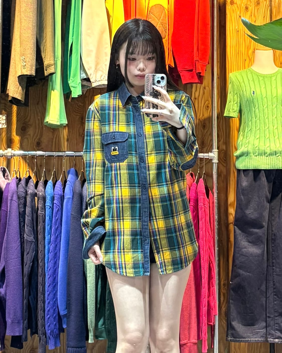 M 팬콧 애니멀 옐로우 데님 믹스 체크셔츠 상품이미지1