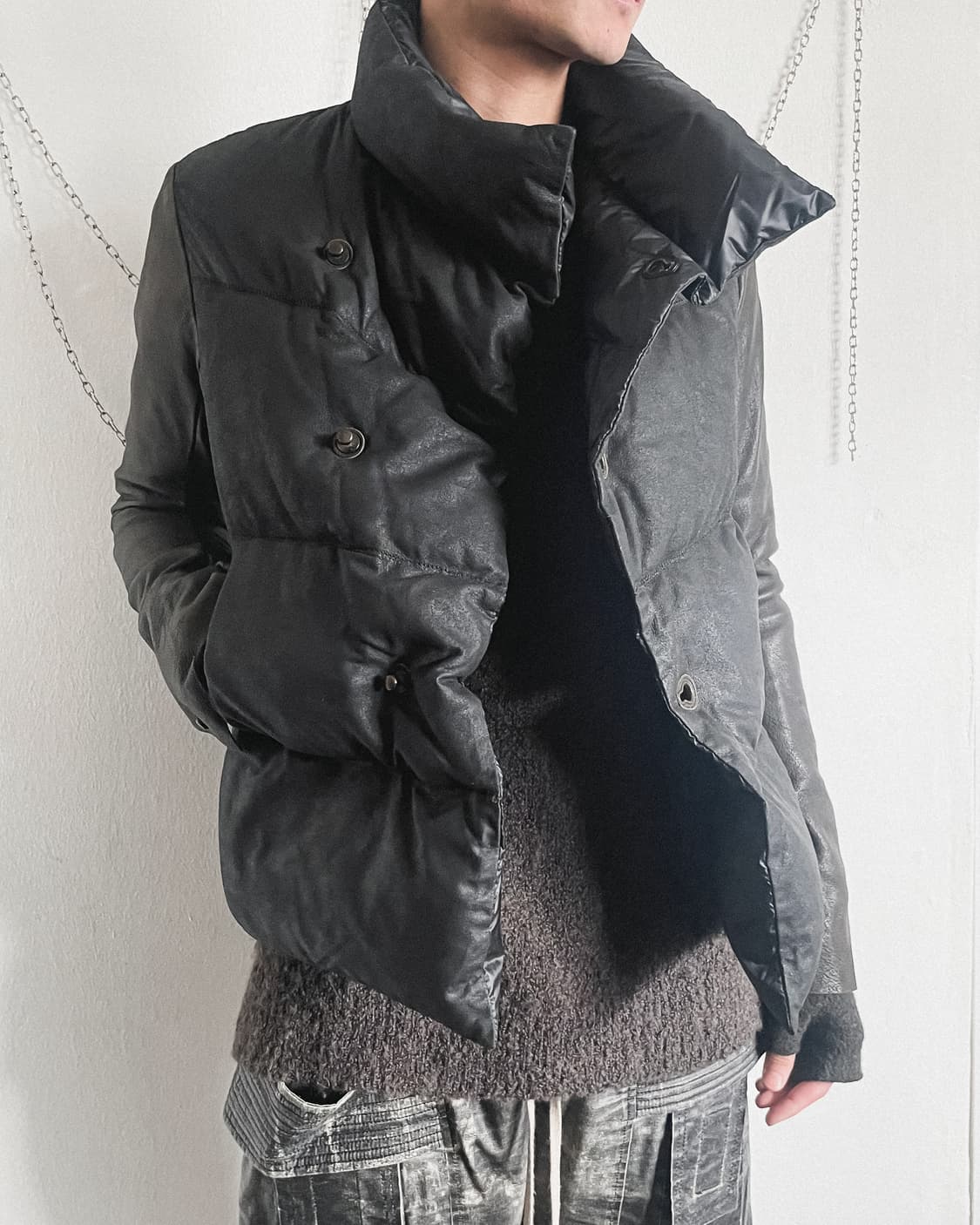 아이작 세럼 사선 버튼 펜싱자켓 모티브 디어스킨 패딩 상품이미지2