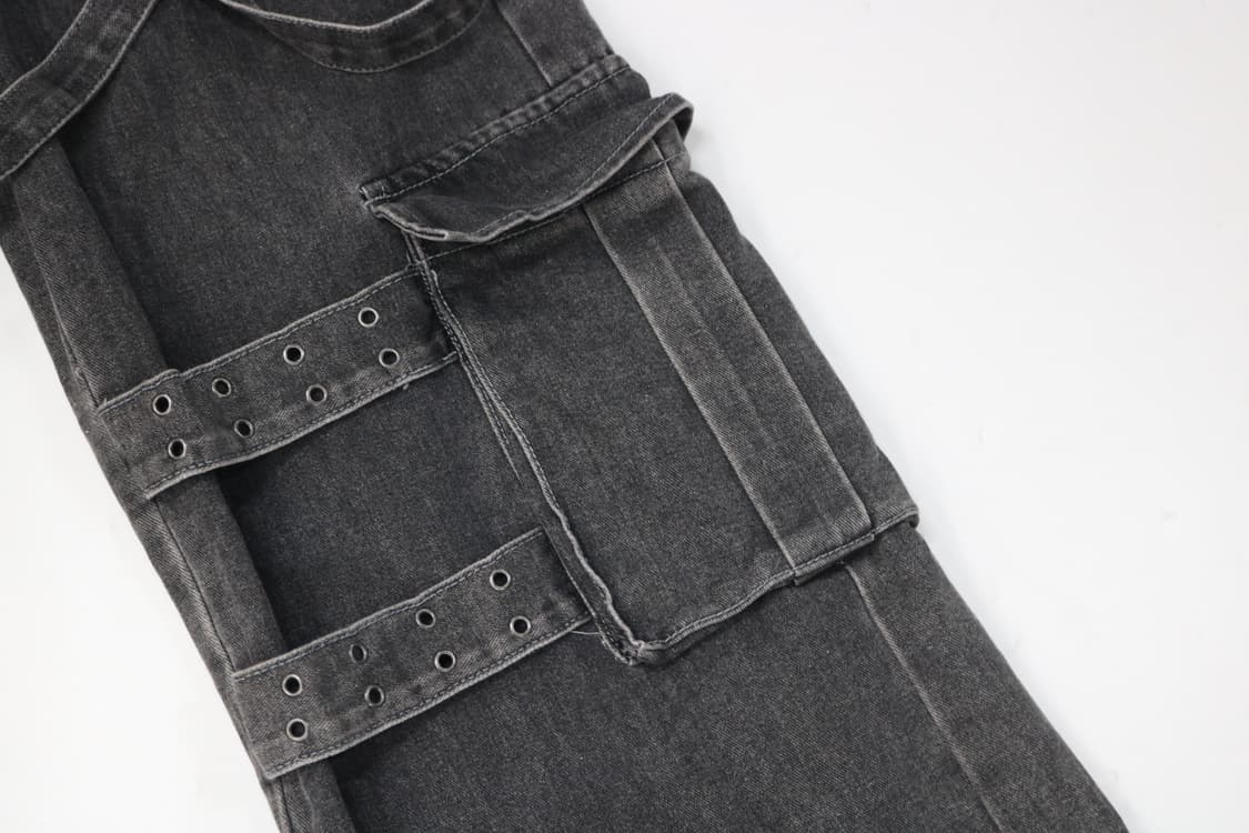 빈티지 블랙 워싱 멀티 스트랩 카고 와이드 데님 팬츠 상품이미지5