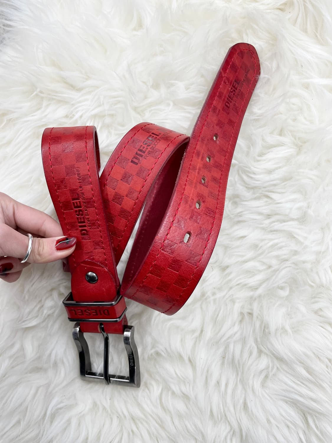 디젤 리얼레더 레드 체크 로고 버클 벨트 상품이미지1