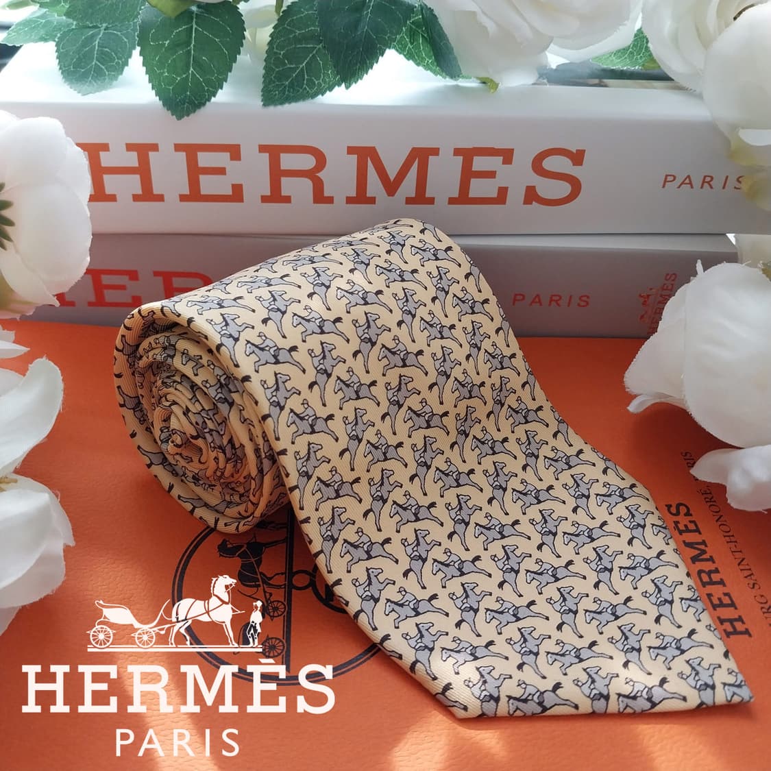 에르메스 실크 옐로우 승마 모티브 넥타이 9.5cm A-등급  K1329 상품이미지1