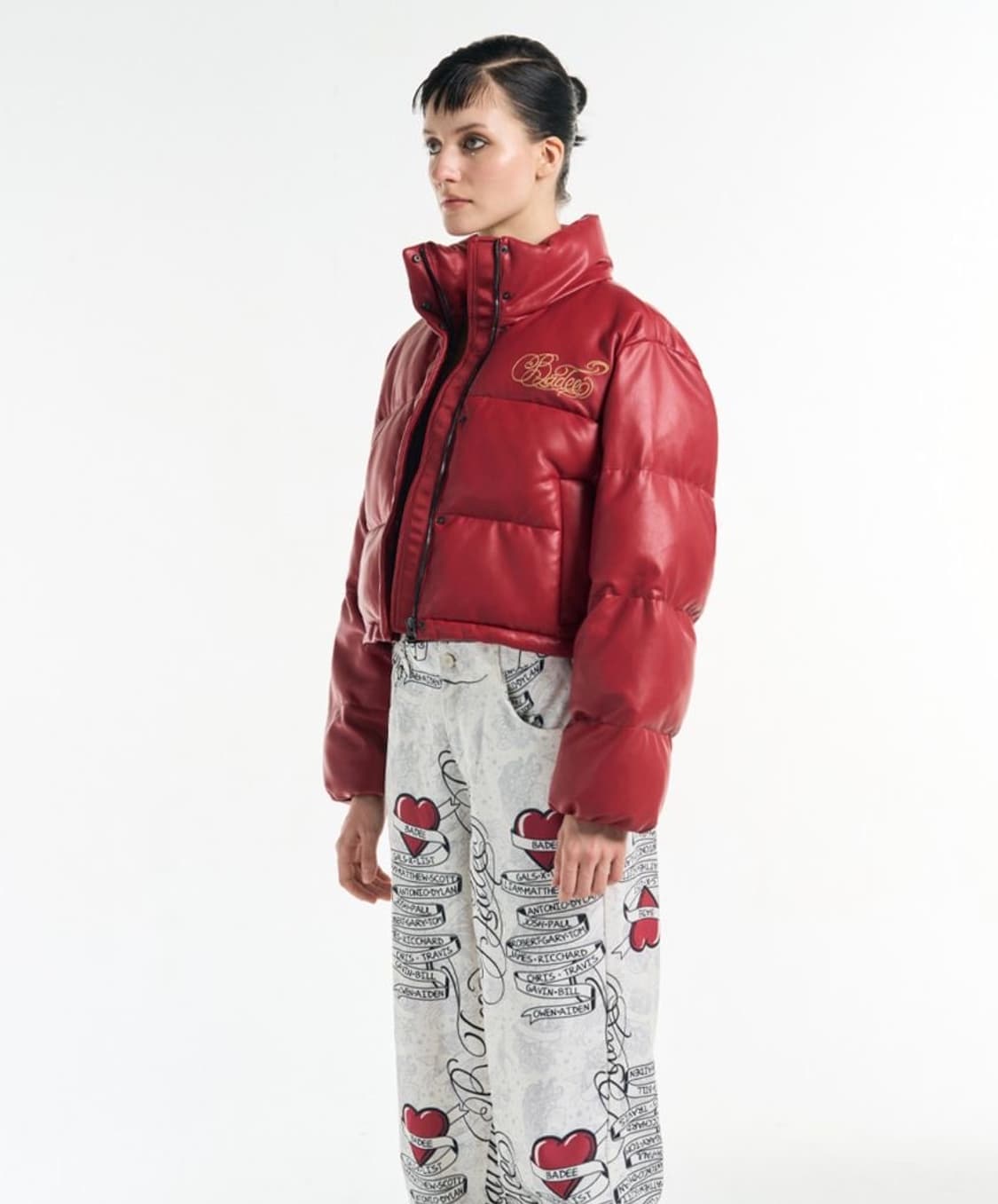 Badee 배디 빈티디 y2k 레더 셔링 자수 로고 크롭 패딩 점퍼 L 상품이미지2