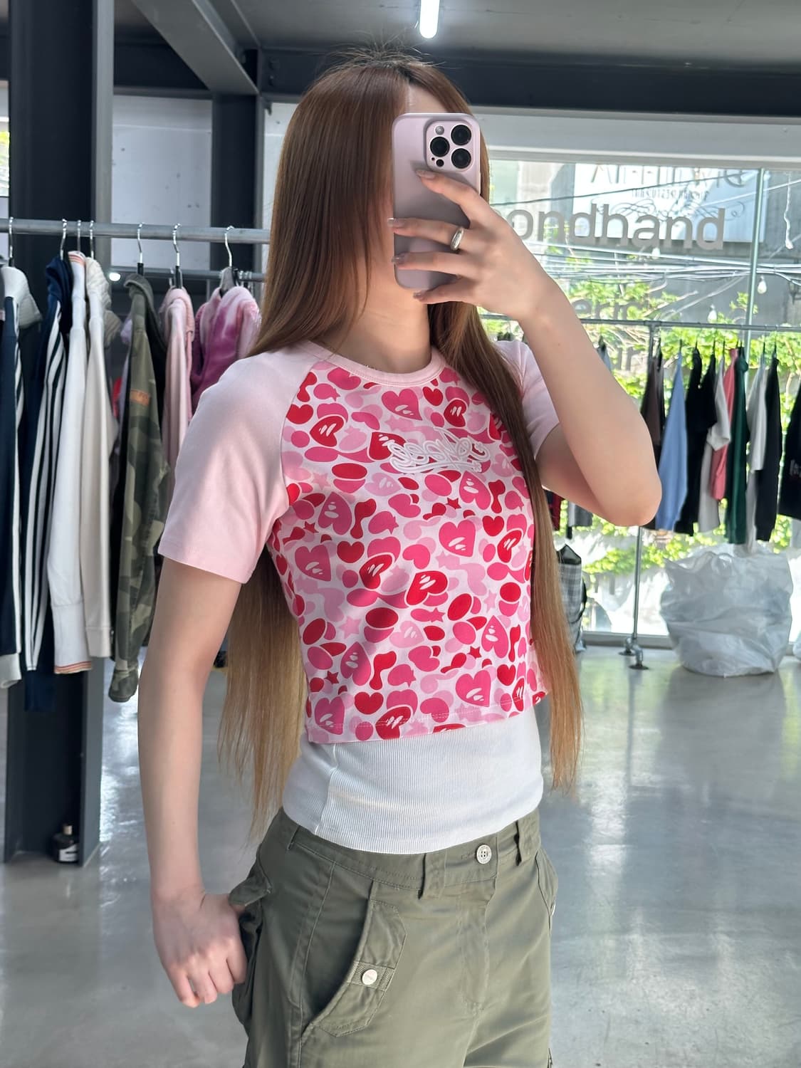 베이프 APEE 하트카모 래글런 크롭 반팔티 체리핑크 상품이미지1