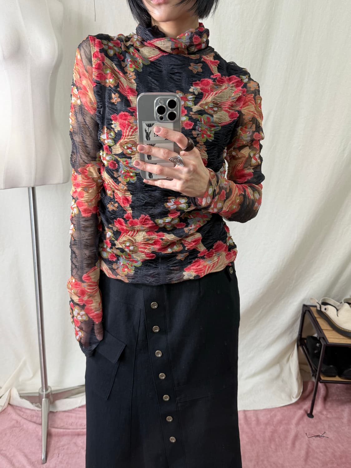 Kafuu 셔링 플라워 매쉬 탑 상품이미지2