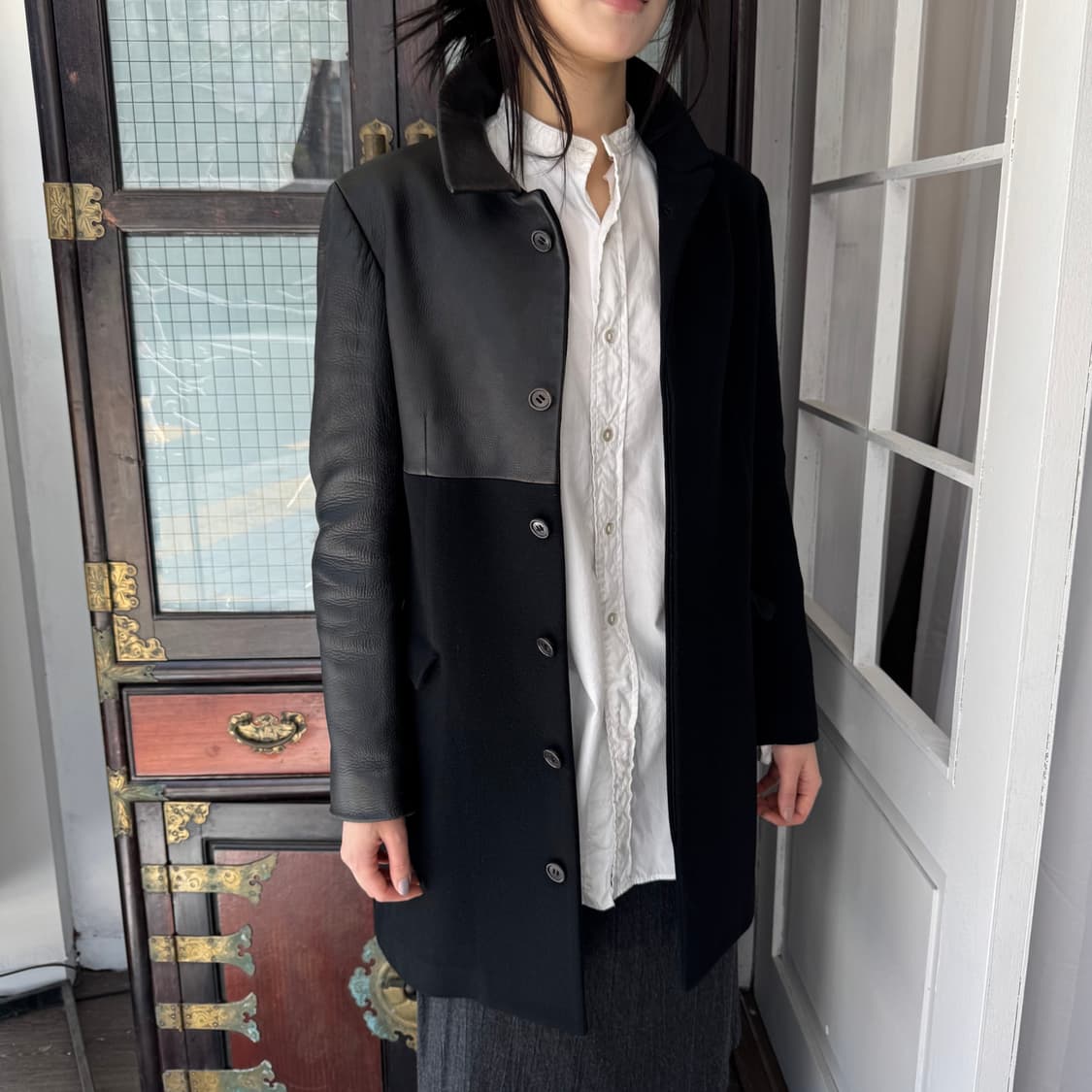 요지 야마모토 02AW 비대칭 레더 패널 코트 상품이미지1