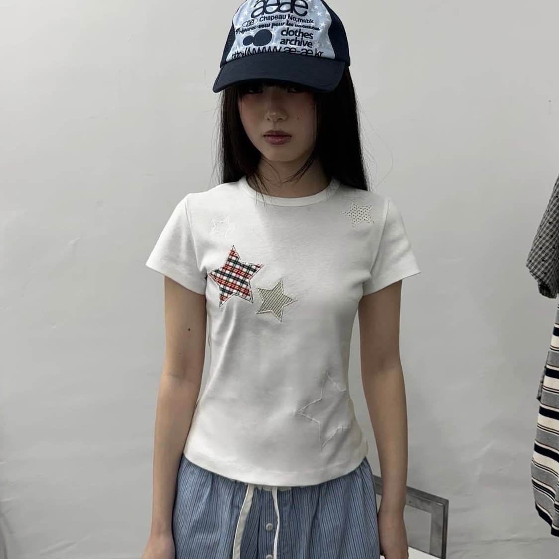 aeae 체크 스타 티셔츠 화이트 상품이미지2