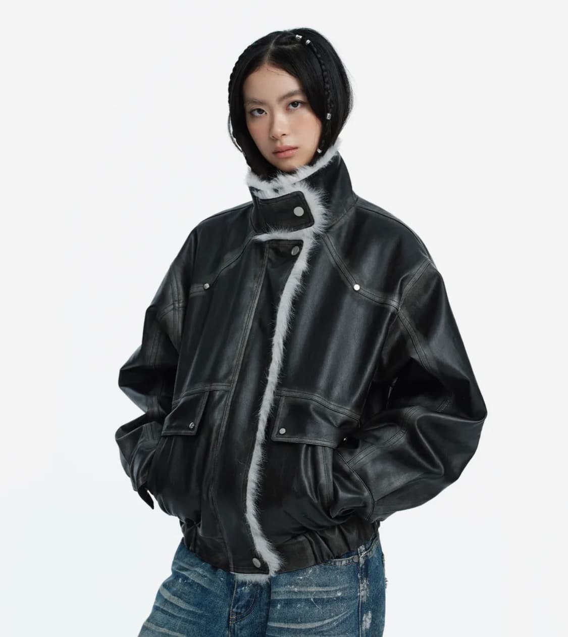 러프넥 워싱 레더 무스탕 자켓 그레이 S 사이즈 상품이미지1