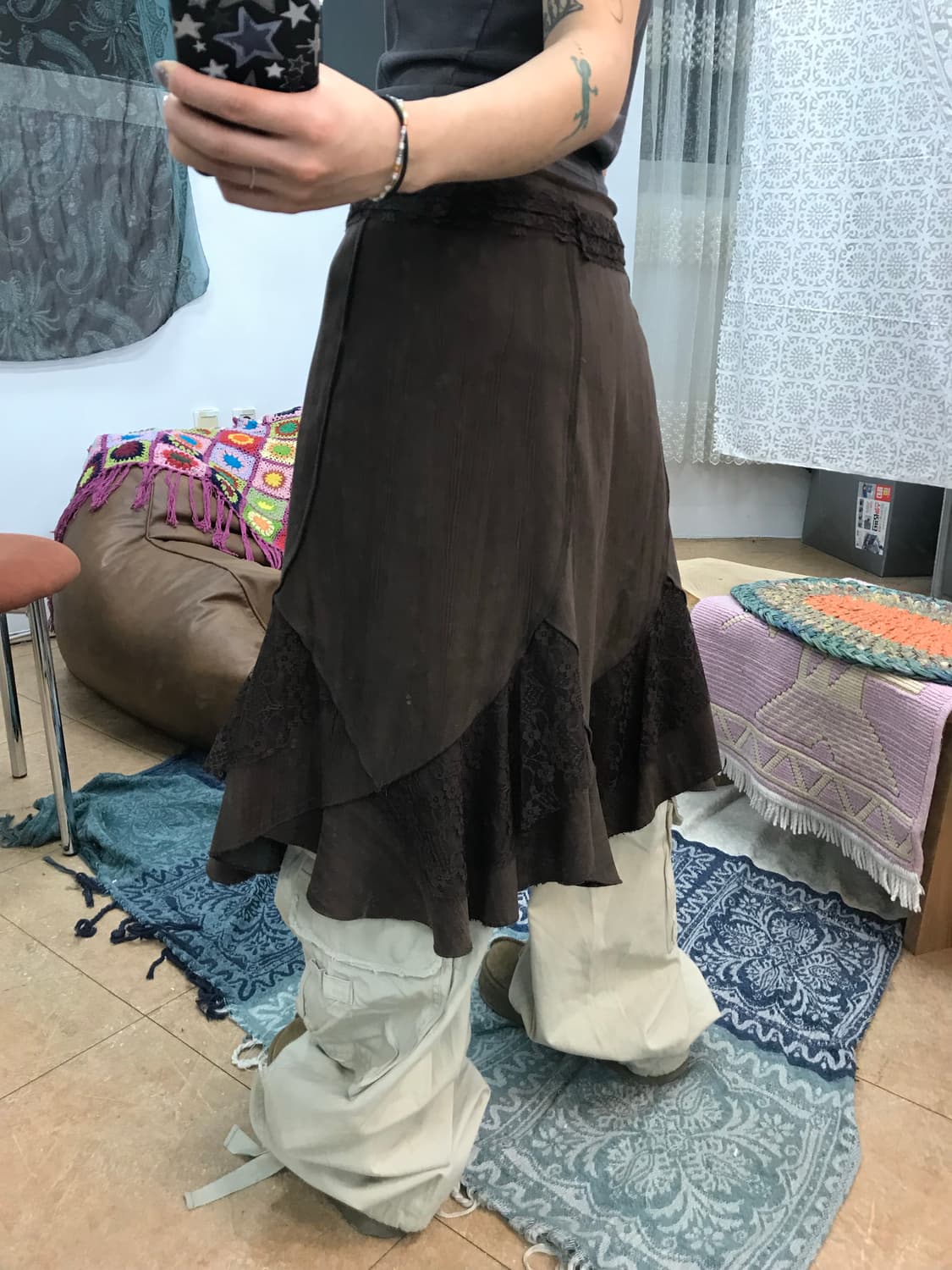 빈티지 여성 스웨이드 레이스 미니스커트  상품이미지2