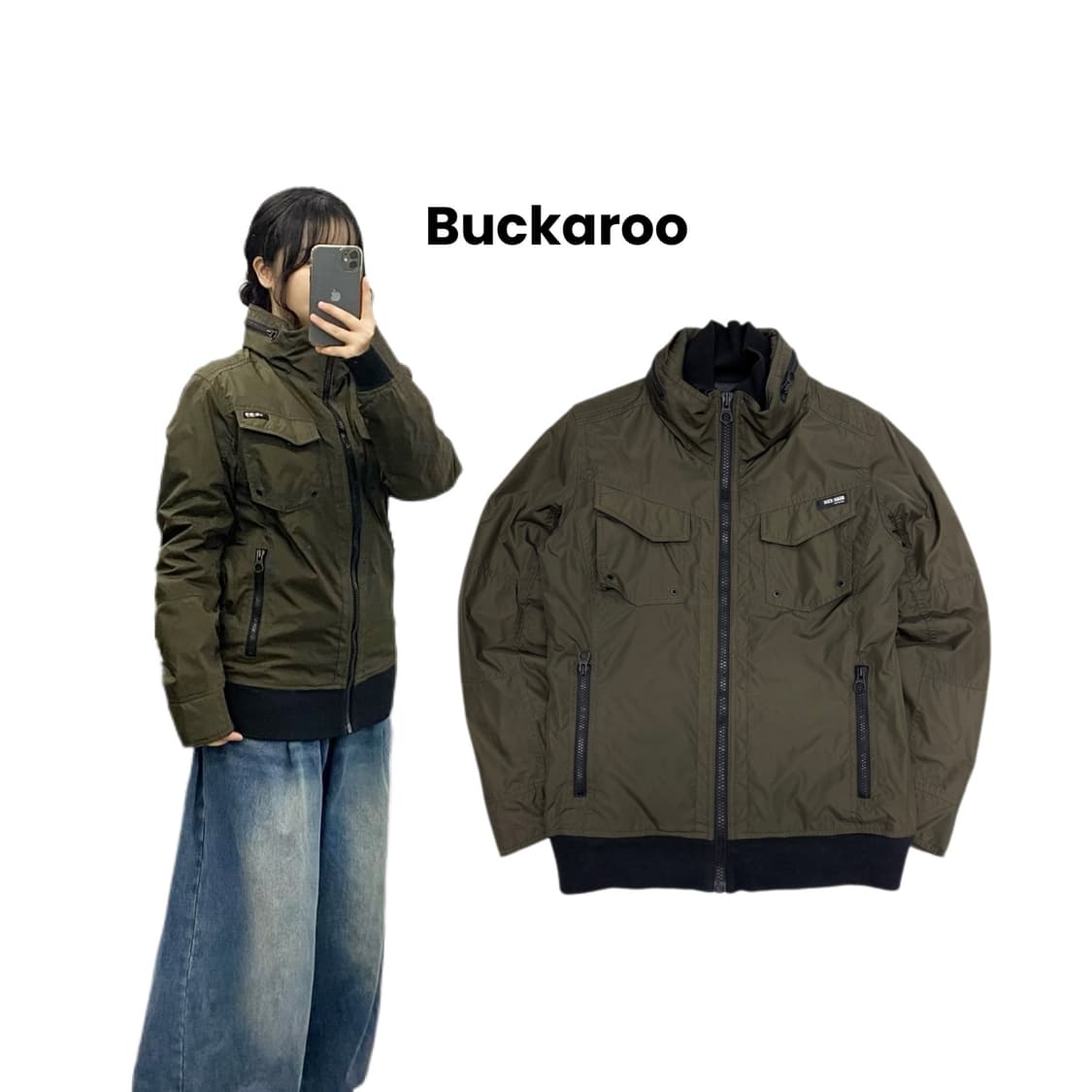 버커루 락 펑크 하이넥 테크니컬 나일론 바이커 바람막이 자켓 카키 상품이미지1
