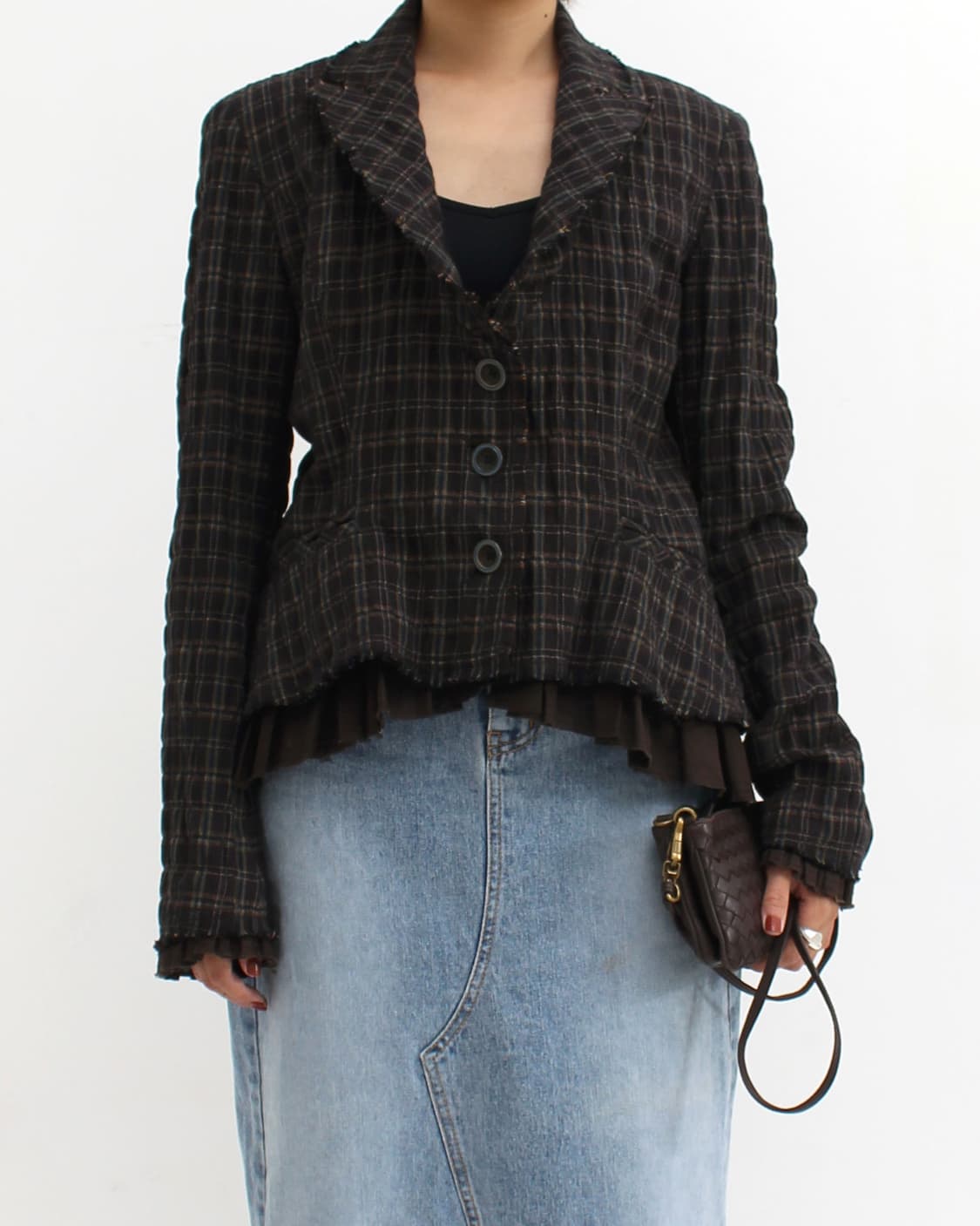 겐조 Kenzo 빈티지 체크 플리츠 프릴 레이어드 울 코튼 자켓 상품이미지2