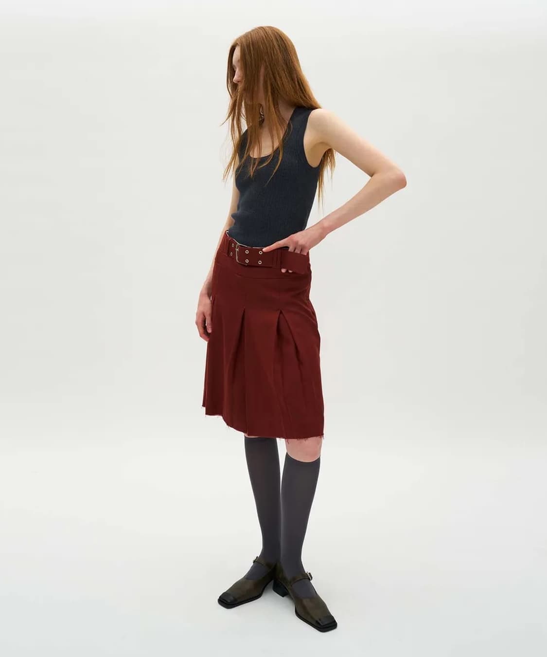 partimento 2 사이드 벨티드 컷 오프 플리츠 스커트 가넷 상품이미지5