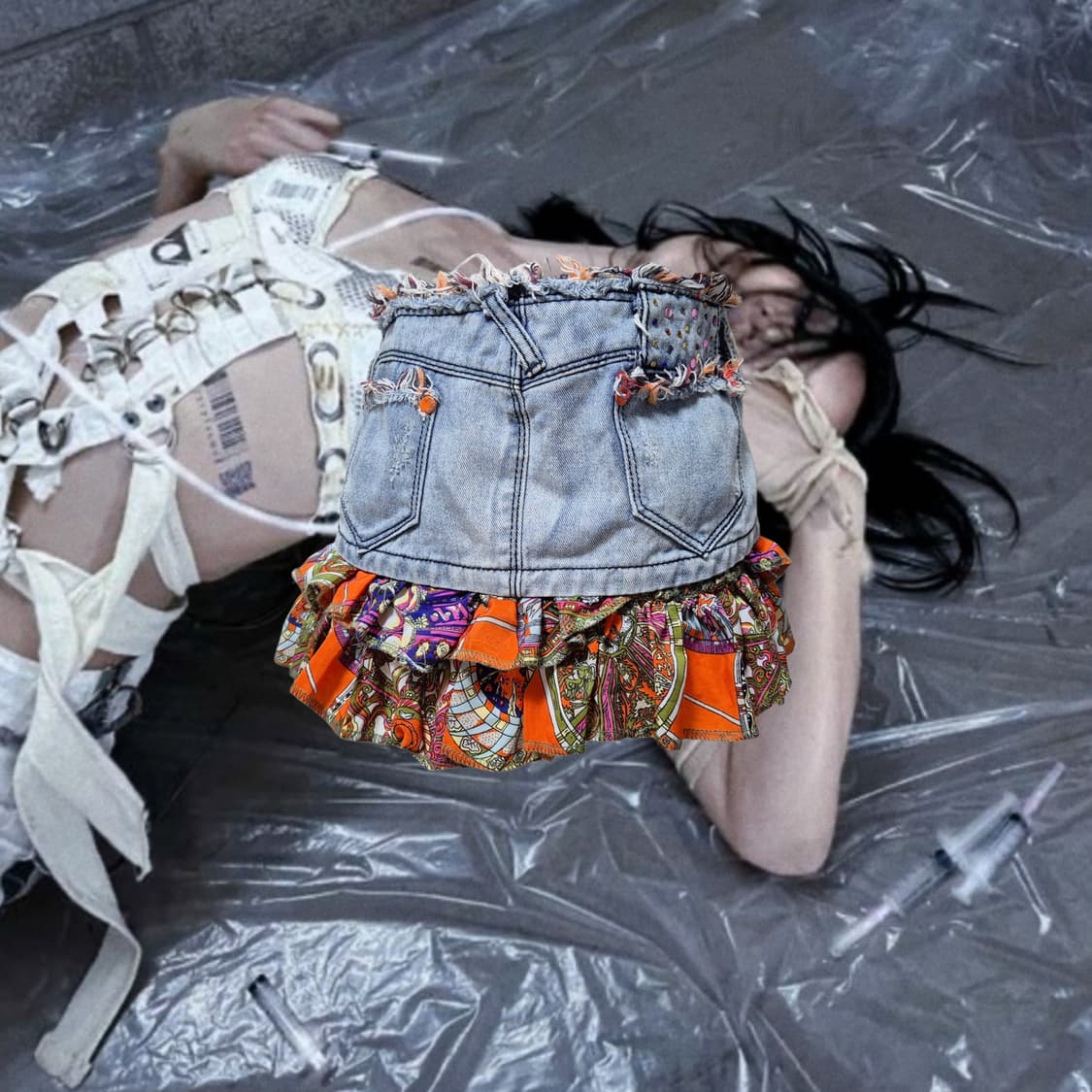 Vintage Orange scarf juicy denim Skirt 상품이미지2