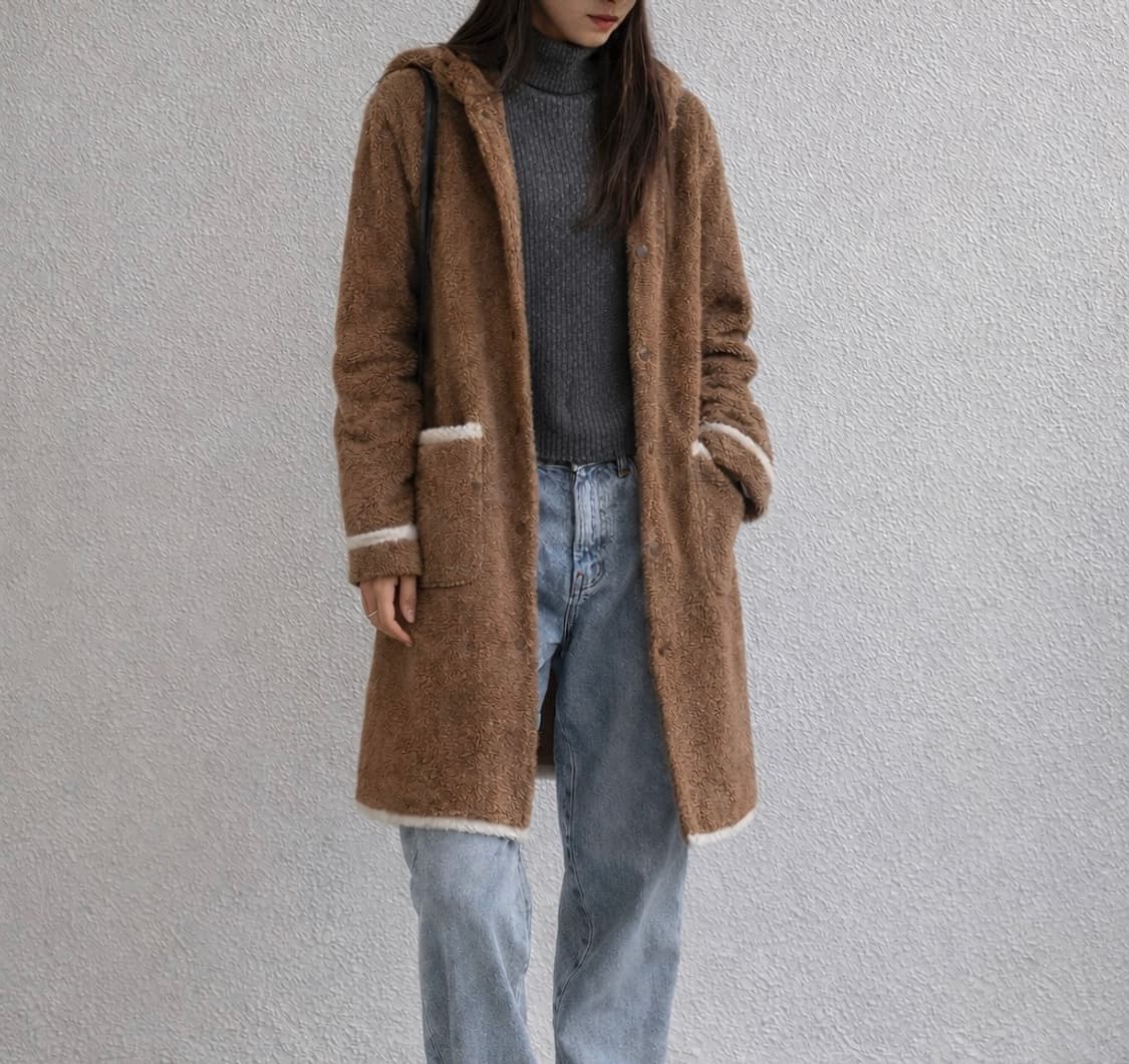 상태좋음) 나일론 퍼 여성 후드 롱 가디건 브라운 S 상품이미지1