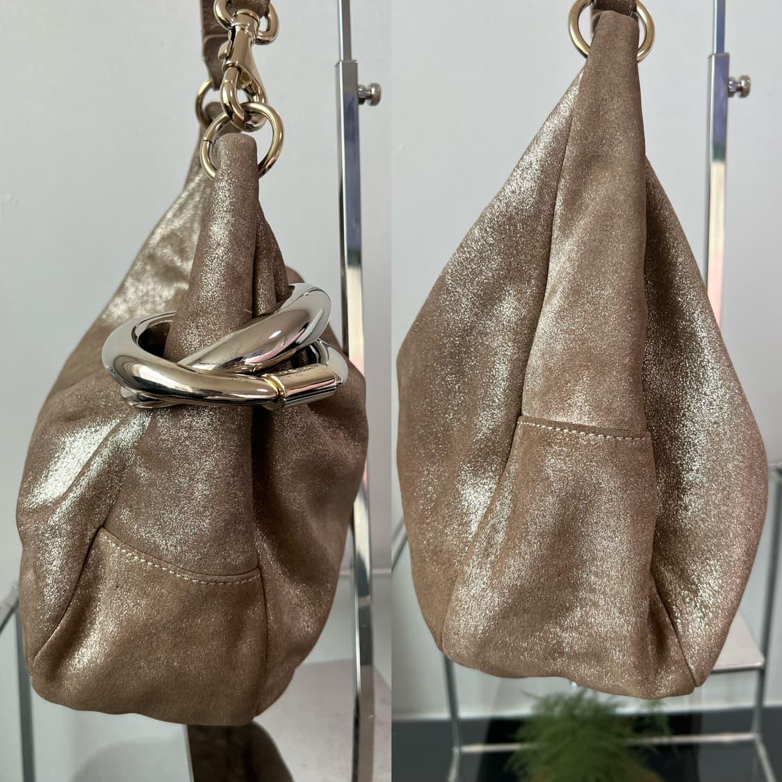 지미추 메탈릭 베이지 스웨이드 솔라 호보백 상품이미지6