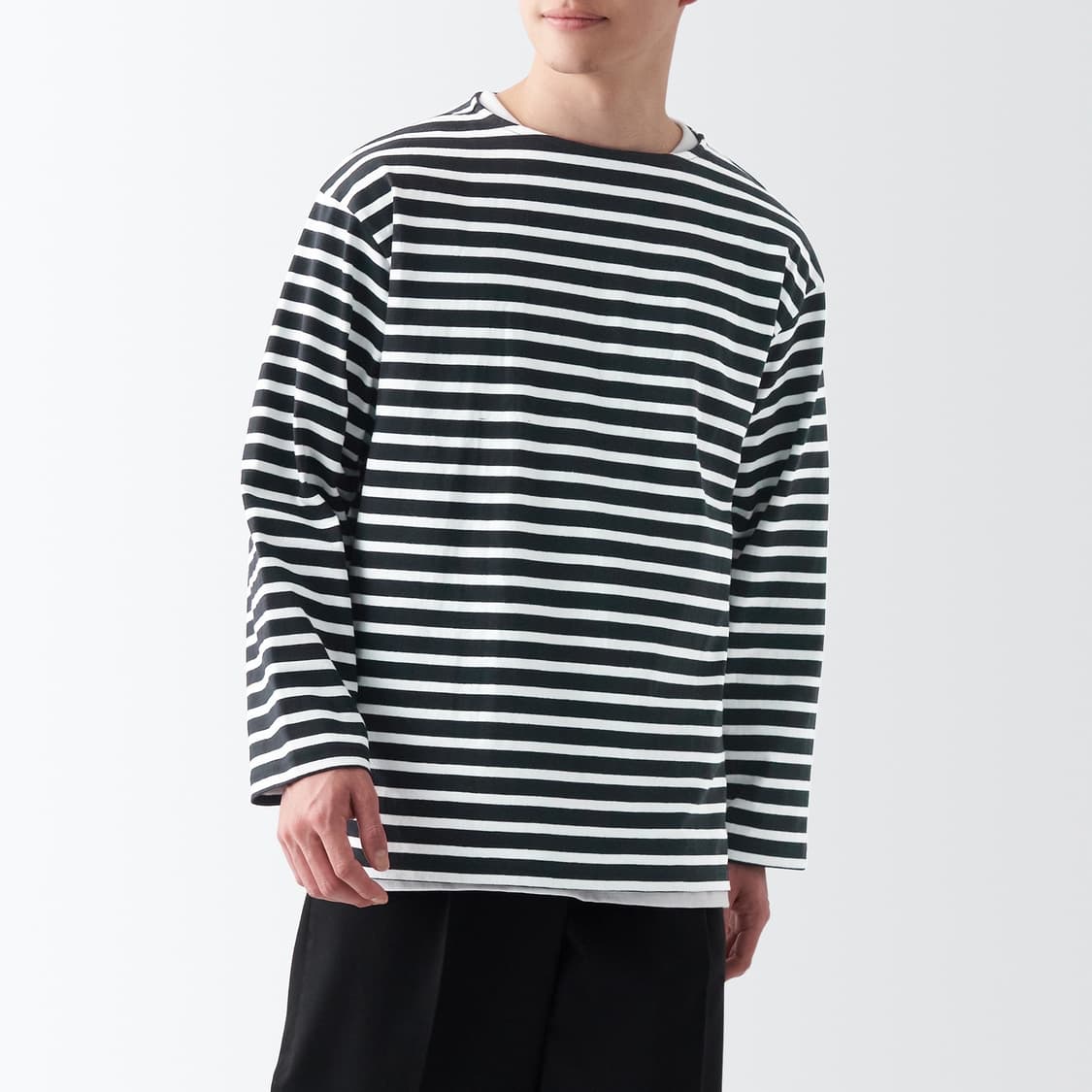 무인양품 muji 보트넥 9부 소매 티셔츠 블랙 스트라이프 XL 새상품 상품이미지1