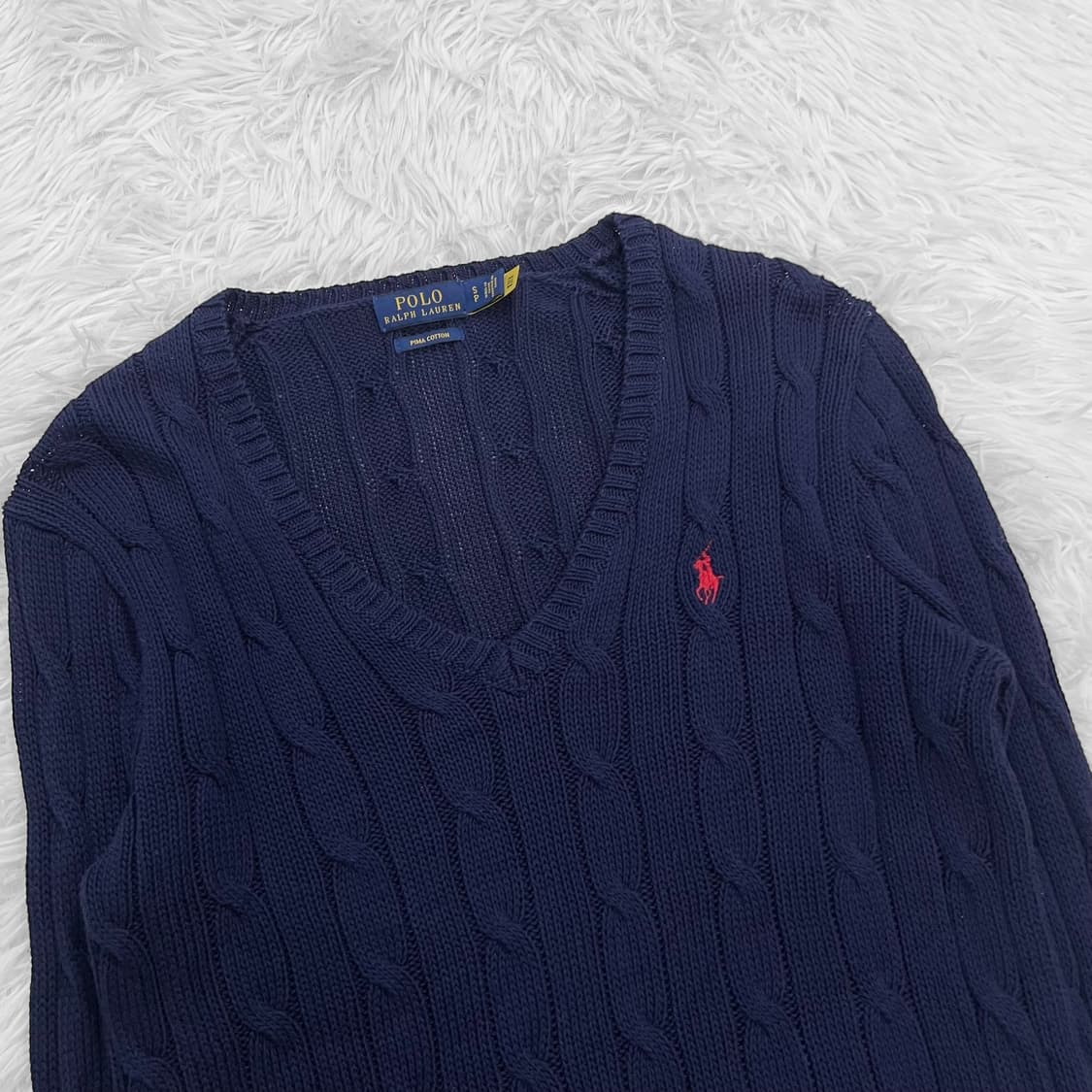 폴로 랄프로렌 포니 로고 케이블 브이넥 니트 네이비 상품이미지3
