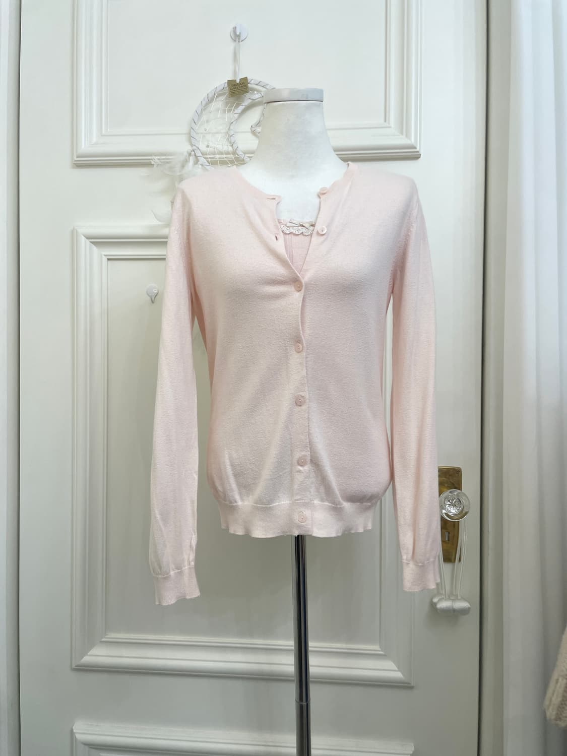 pink basic cardigan&bow point half knit 상품이미지1