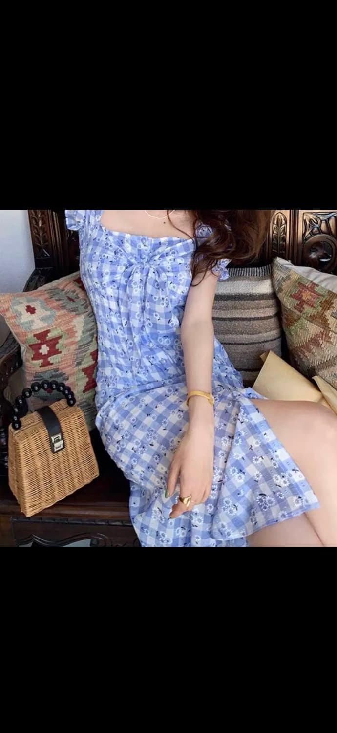 블루 체크 데이지 포인트 여름원피스 퍼프소매 휴양지원피스 상품이미지4