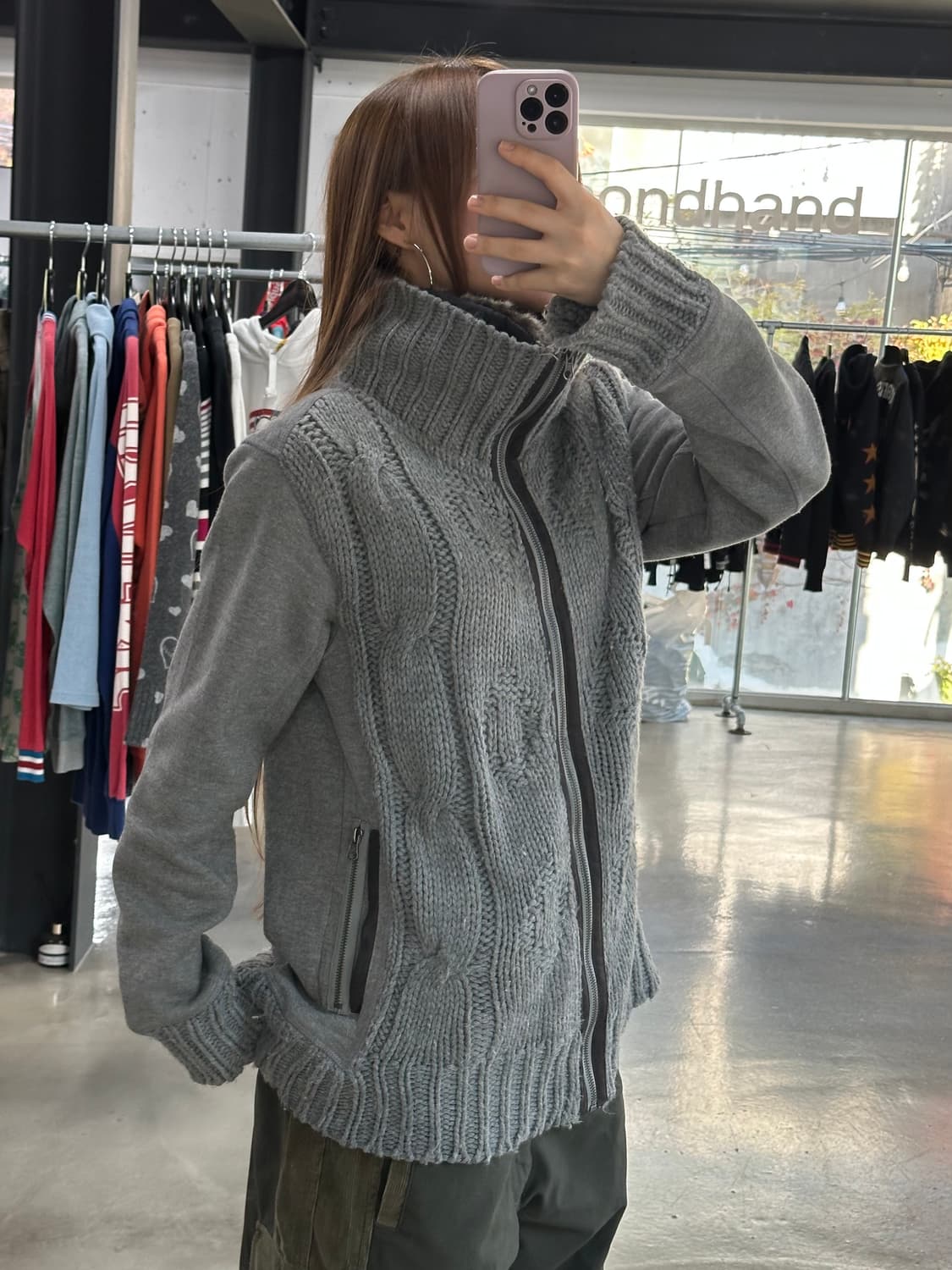 재팬빈티지 하이넥 퍼 꽈배기 니트집업 상품이미지2